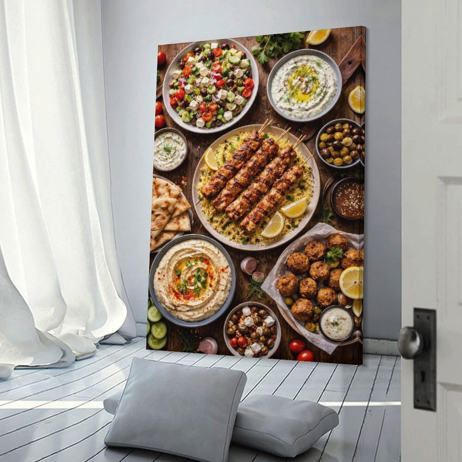 Junmoney Frame-Style-14 Room Decor Wall Art Mediterranean Feast With Kebabs And Dips, 24X36inch(60X90cm), For Lounge Decor, Bedroom Walls Or Flats, Canvas Styling For A Polished Room Look