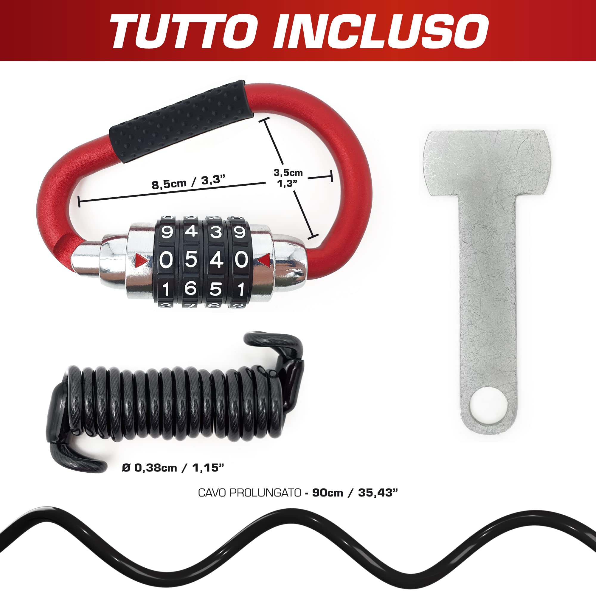 RADIKAL RK540R Lucchetto Casco Moto, Antifurto Casco Moto, Moschettone con 4 (altri 3) Codice Più Sicuro + Cavo Flessibile in Acciaio + Adattatore a T, Accessori Blocca Gancio Bici