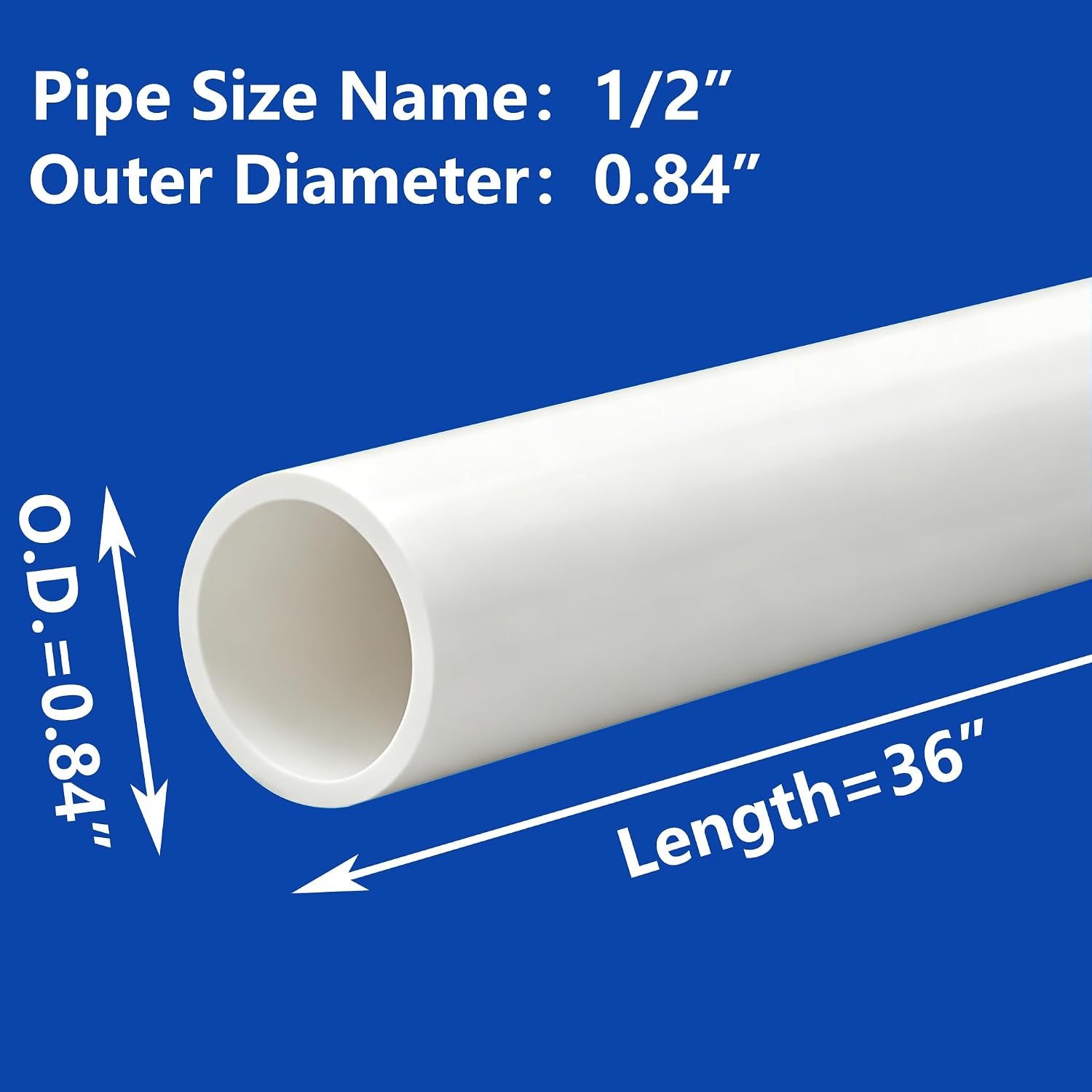 6Pcs 1/2 Inch Outside Diameter 36" Long PVC Pipes，White Sch40 Industrial PVC Pipes for Home,Garden, Farm, Greenhouse, DIY Projects [1/2" x 36"L]