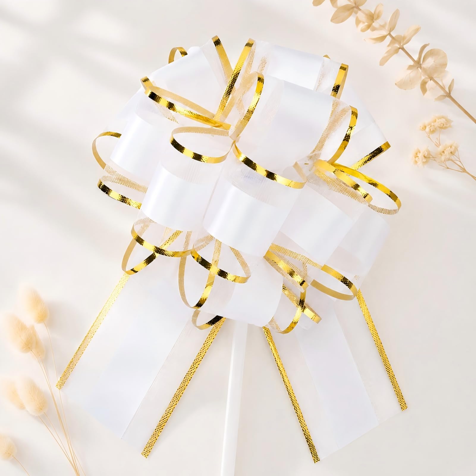 XXHUO 6 Inch Large Big Pull Bow With Gold Edge, 10pcs Pull Bows Wedding Ribbon For Wedding Car Ribbon Kit Big Bows For Car Gift Wrapping, Presents Christmas, Wedding, Baskets, Party Decorations White