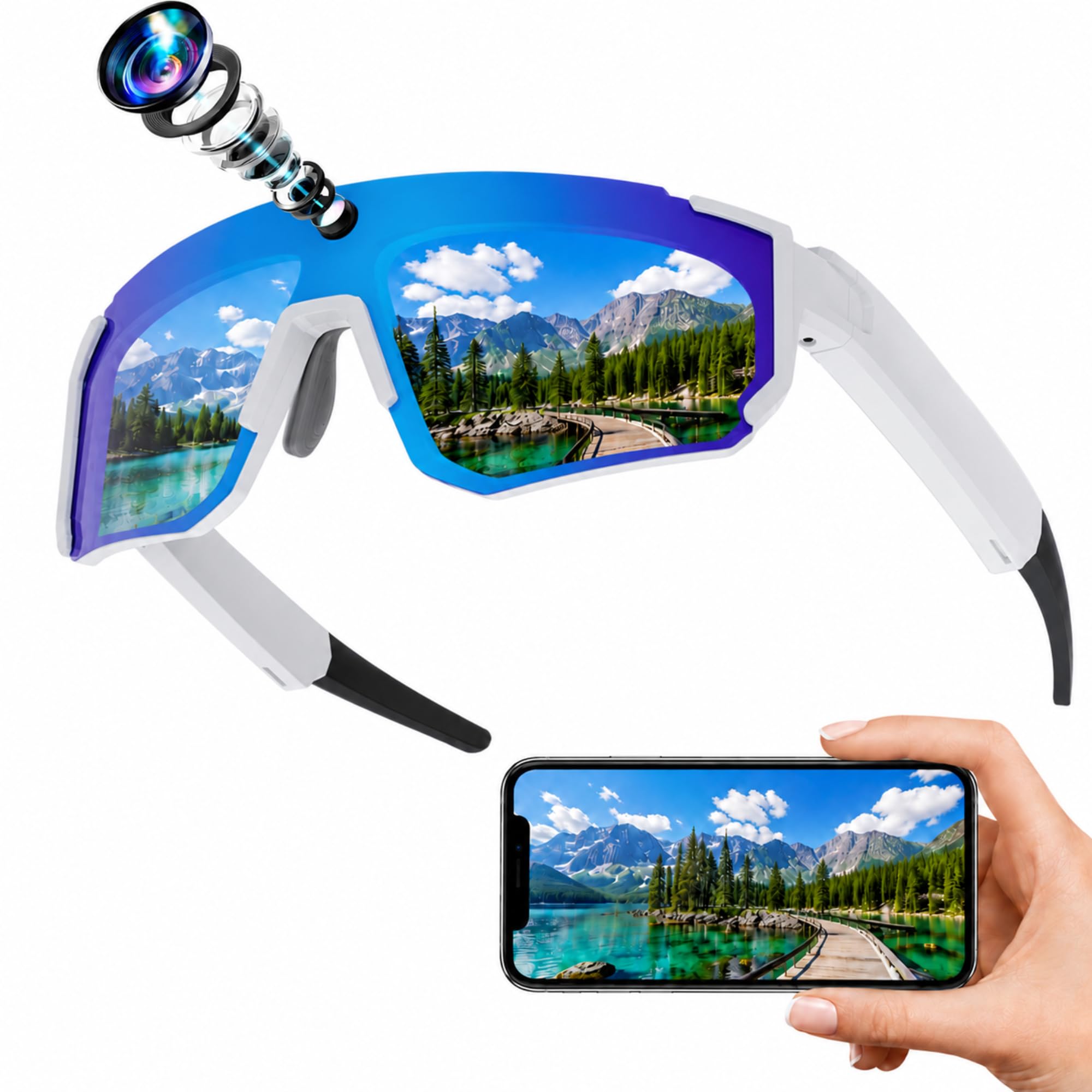 Occhiali Intelligenti AI 4K, Occhiali Sportivi Bluetooth con Fotocamera da 8 MP con Controllo Vocale, Stabilizzazione EIS, IP54 per Ciclismo, Sci, Escursionismo (Bianco Blu)
