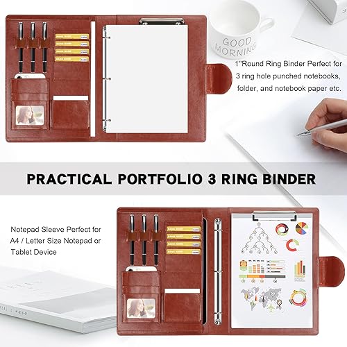 Miniatura 5 de Toplive Carpeta portafolio de 3 anillos, carpeta de cuero para entrevistas de negocios, tamaño A4, organizador de documentos tamaño carta con funda