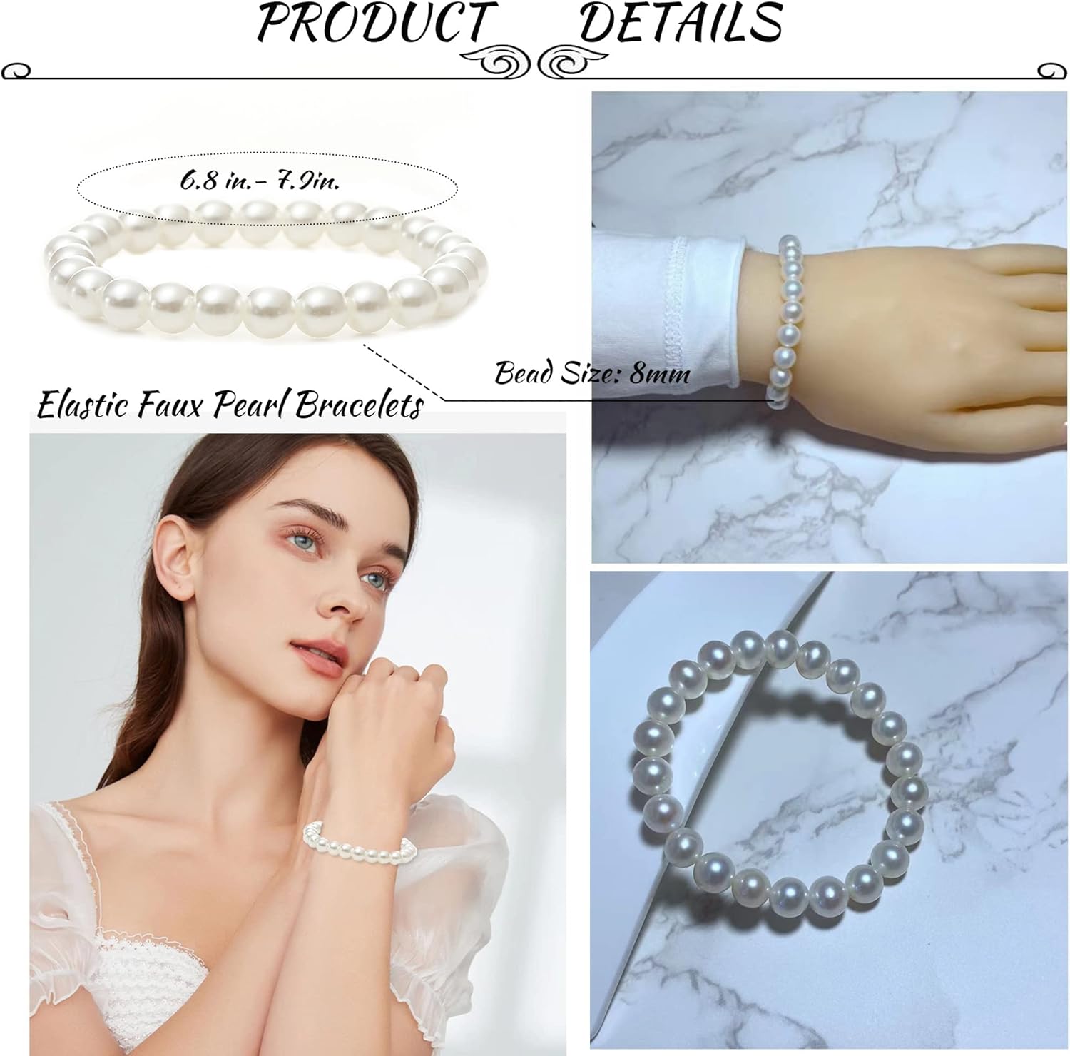 MOZAKA 30 Pieces 6mm/8mm Faux White Pearl Bracelets for Women Stackable Stretch Beaded Bracelets Simulated Pearl Bracelet Set for Bridesmaid Bridal Wedding Party Jewelry - Image 4