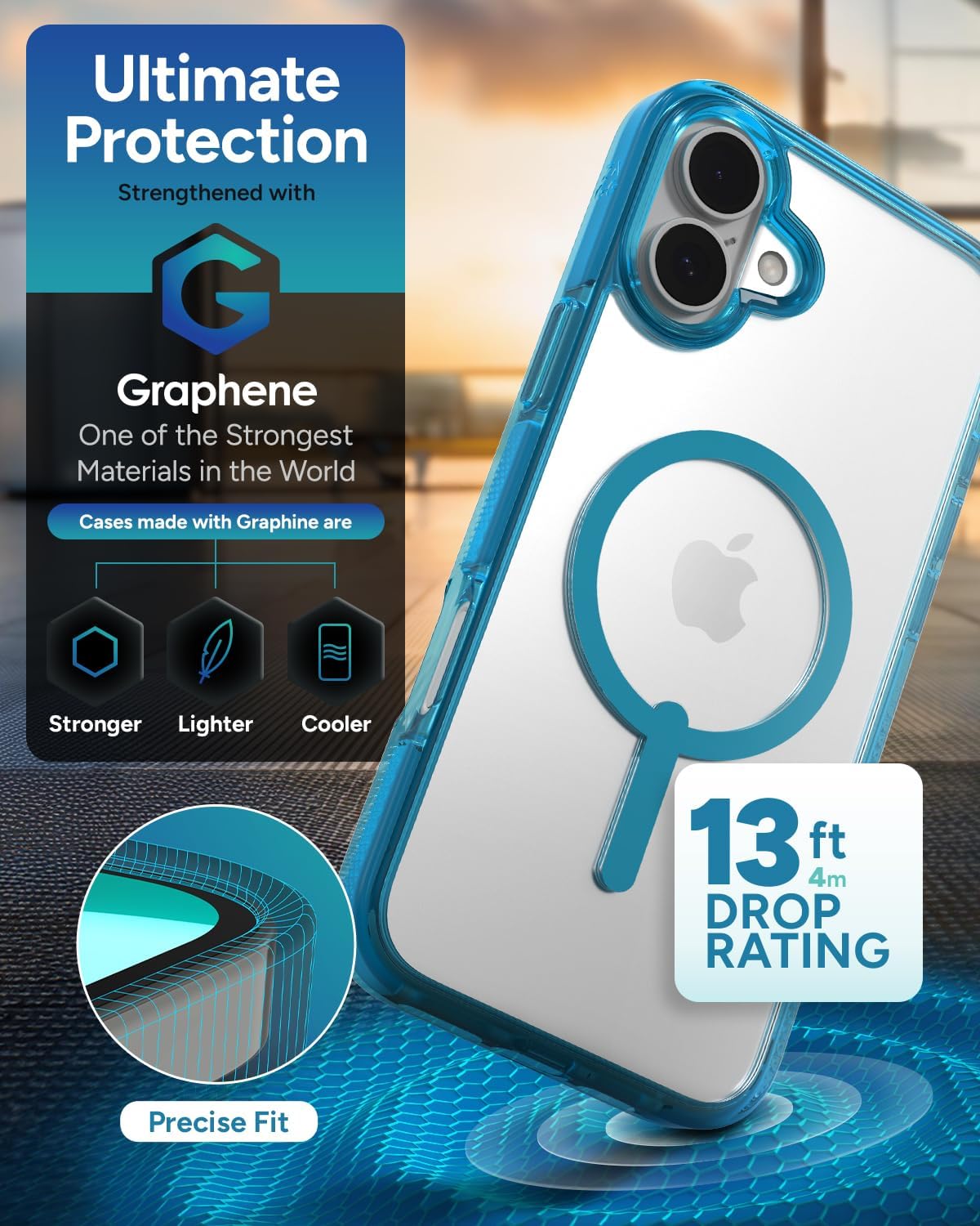 ZAGG Santa Cruz Snap iPhone 16 Plus Case – MagSafe Compatible, 13ft Military-Grade Drop Protection, Graphene Reinforced, Anti-Scratch, Slim, 70% Recycled Content, Clear with Retro Blue Accents - Image 4