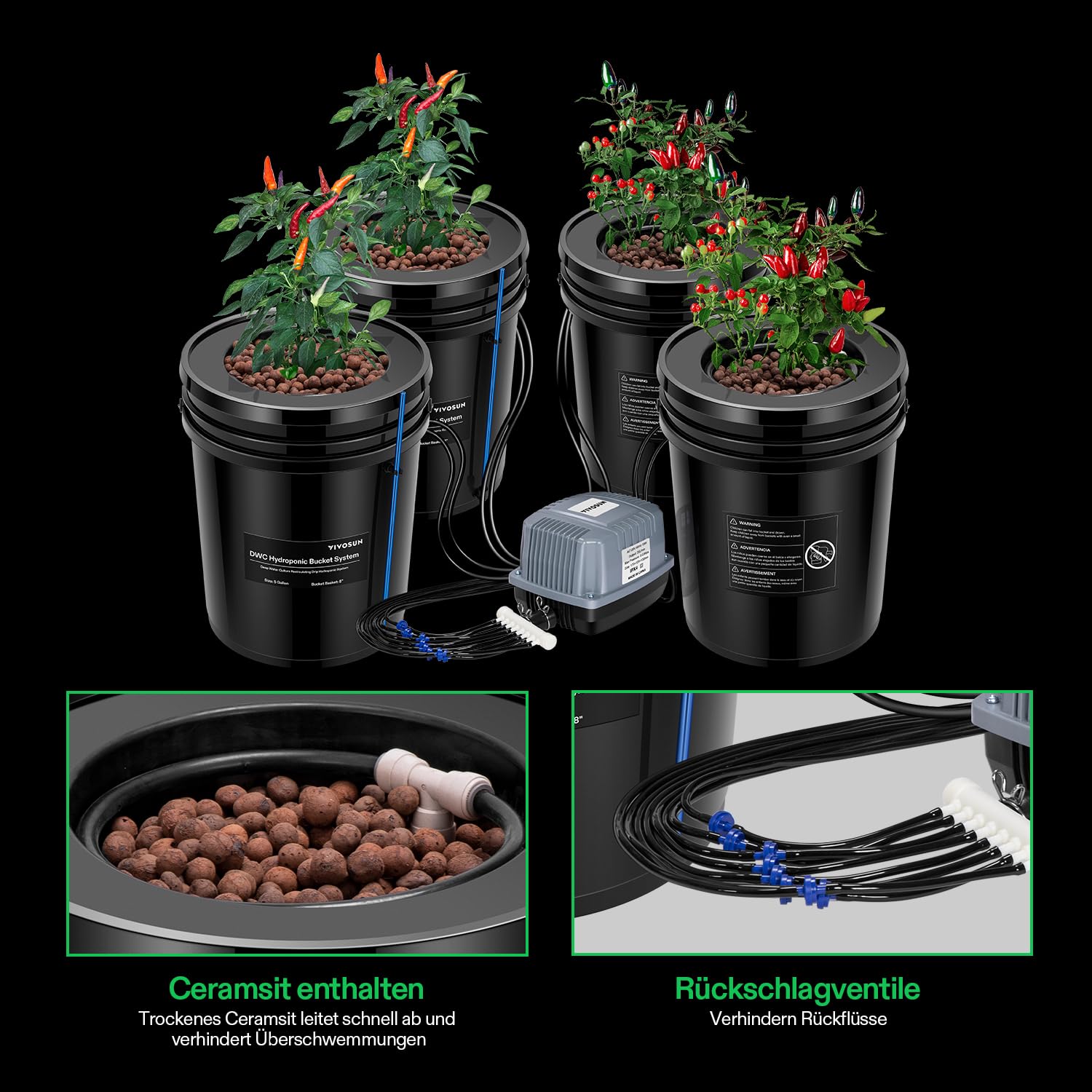 VIVOSUN DWC Hydrokultur-Wachstumssystem, 1,7 l tiefe Wasserkultur, Umlufttropfsystem mit Mehrzweck-Luftschlauch, Luftpumpe und Luftstein (4 Eimer + Top Drip Kit)