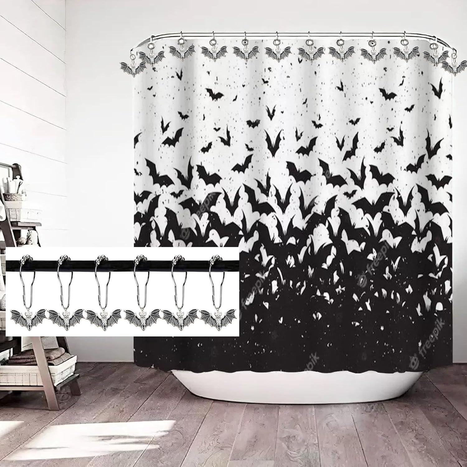 Bat Shower Curtain Hooks,12Pcs Halloween Vampire Bat Gothic Bathroom Decor