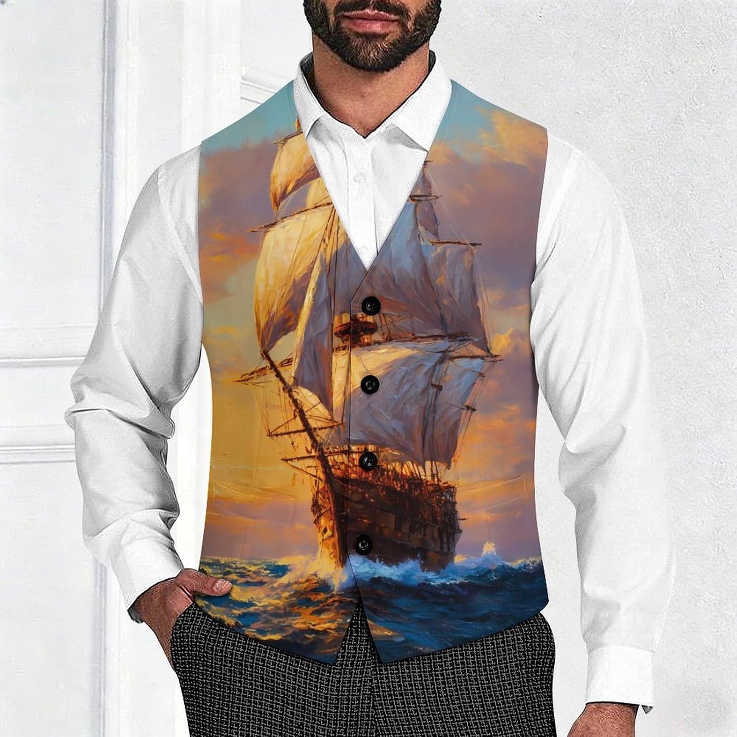 Sailing Ship Billowing Sails Men Formal Suit Vest V-Neck Button Waistcoat for Business Wedding