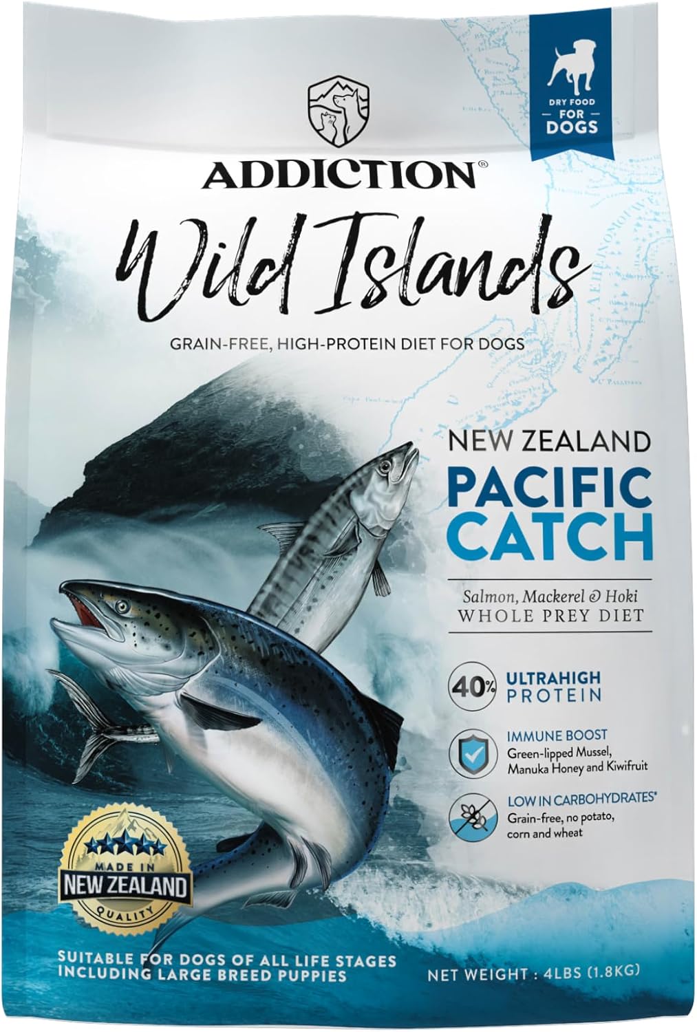 Addiction Wild Islands Pacific Catch - NZ King Salmon, Mackerel & Hoki - Whole Prey Diet with Omega-3 Rich Fish - High-Protein Grain-Free Dry Dog Food for All Life Stages - 4lbs