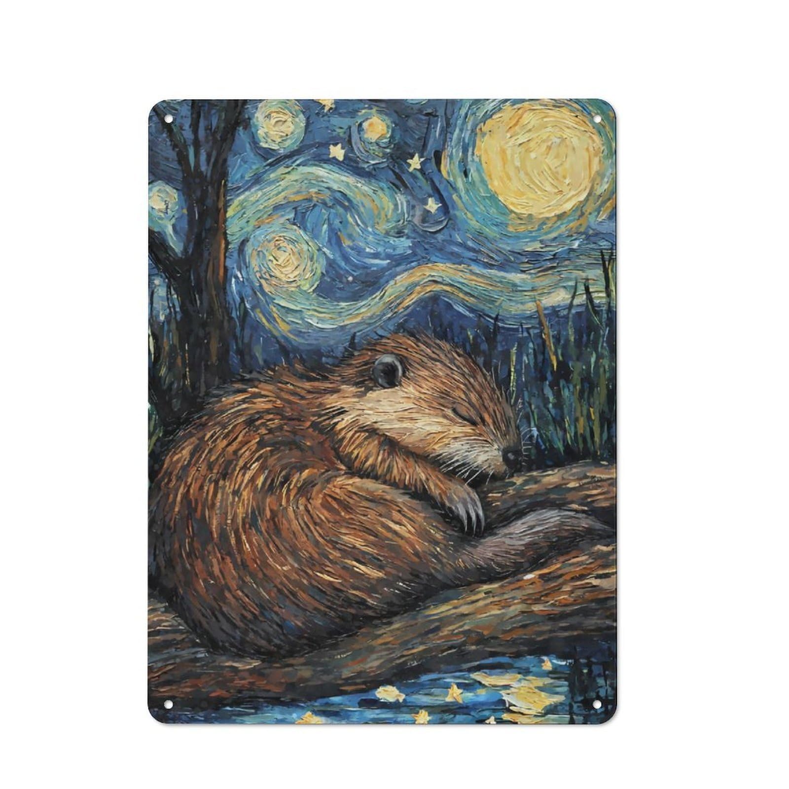 Junmoney Beaver Sleeping Starry Night Retro Metal Plaque 40X30cm For Bar Or Restaurant, Suited To Restaurant Interior Fans