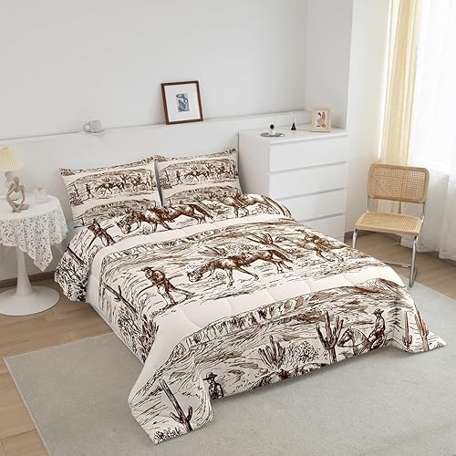 Miniatura 2 de Wild West - Juego de edredón Queen Cowboys para hombre, adolescente, niño, desierto occidental, caza, equitación, juegos de ropa de cama dibujada a