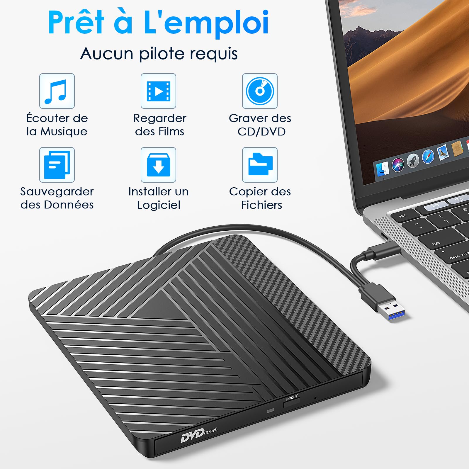 Lecteur DVD CD Externe, USB 3.0 Graveur DVD CD Externe, Ultra-mince Lecteur CD DVD Externe pour PC, Optique Portable CD DVD -/+RW Drive pour Laptop Desktop MacBook Mac Windows 11/10/8/7/XP Linux Vista - 5