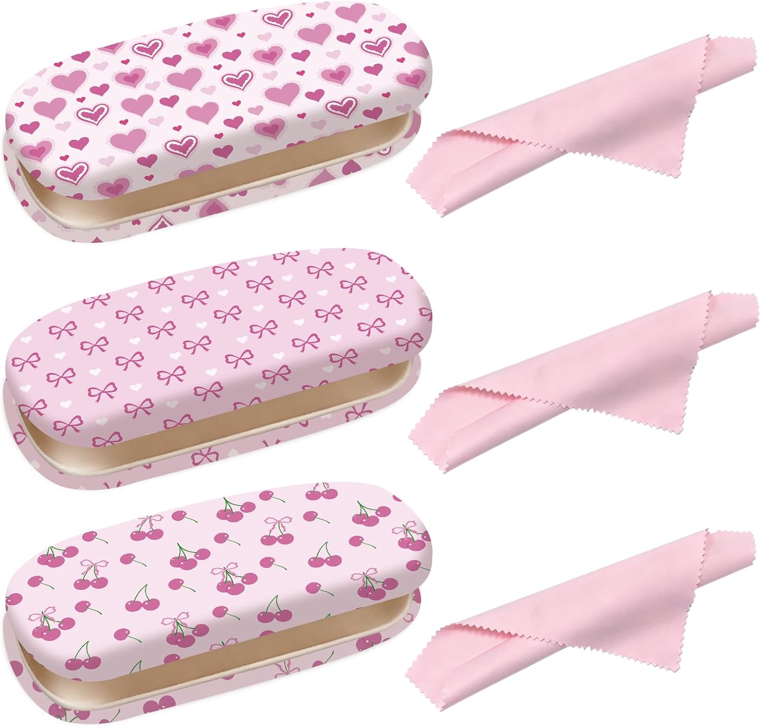 3 Style Pink Glasses Case, Cute Hard Shell PU Leather Eyeglass Cases with Cleaning Cloth for Gift Women Girl Travel Study Work Xmas