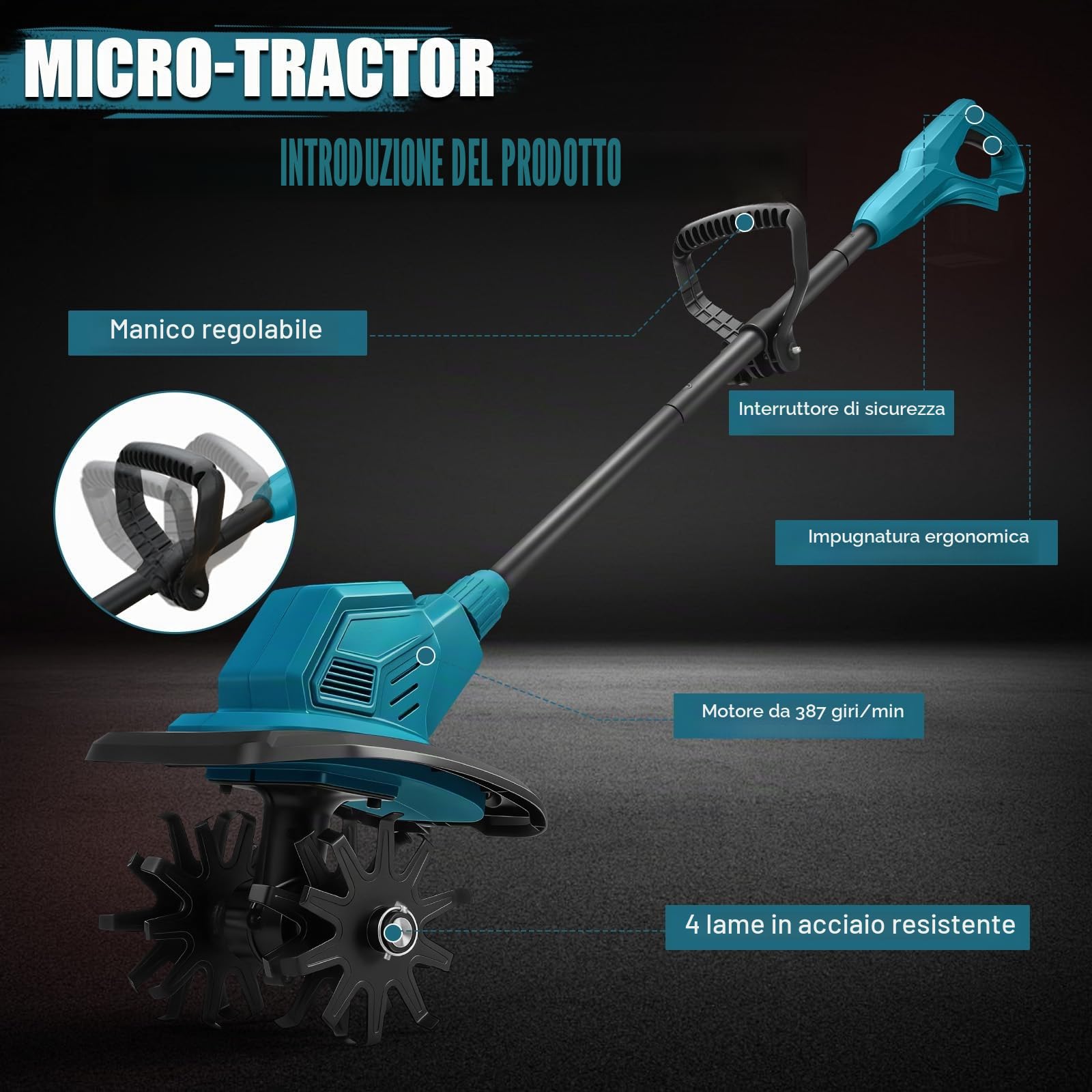 Motozappa senza fili per Makita 18V Batteria, Motozappa a Batteria con Motore Brushless, Altezza Regolabile, larghezza di lavoro 20 cm, profondità di lavoro 18 cm, per Giardini e Cortili