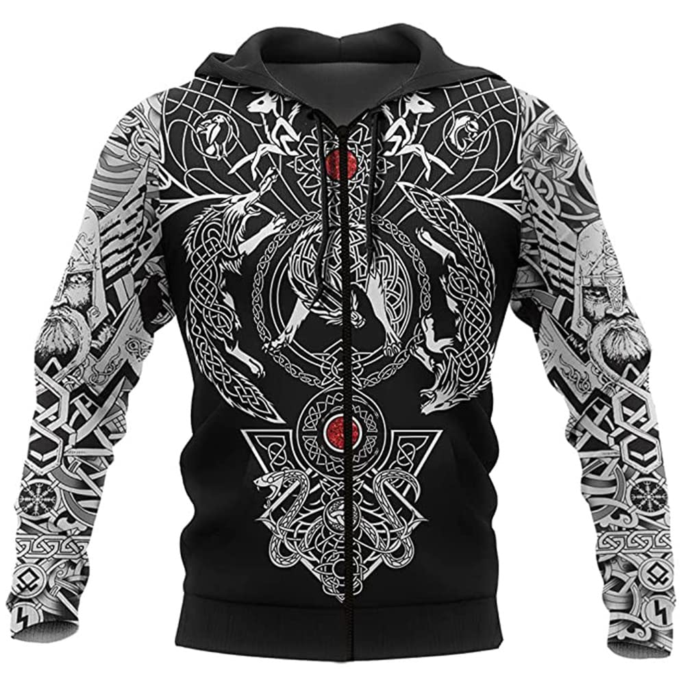 XININXIMEN Odin viking Ravens zip hoodie warriors Nordic Mythology Patten Casual Taille Plus zip up (XL,Black wolf)