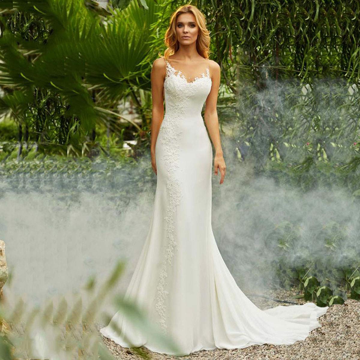 CoCogirls Robe de mariée sirène - Col rond - Applications de plage - Robe de mariée en mousseline de soie - Robe de princesse bohème - Robe de bal - Robe de soirée