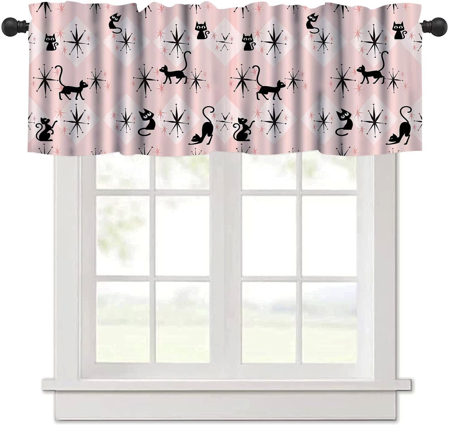 Modern Mid Century Valance Curtain, Black Cat Modern Abstract Geometric Shape Pattern Window Treatment Valances for Bedroom Kitchen 54x18inch
