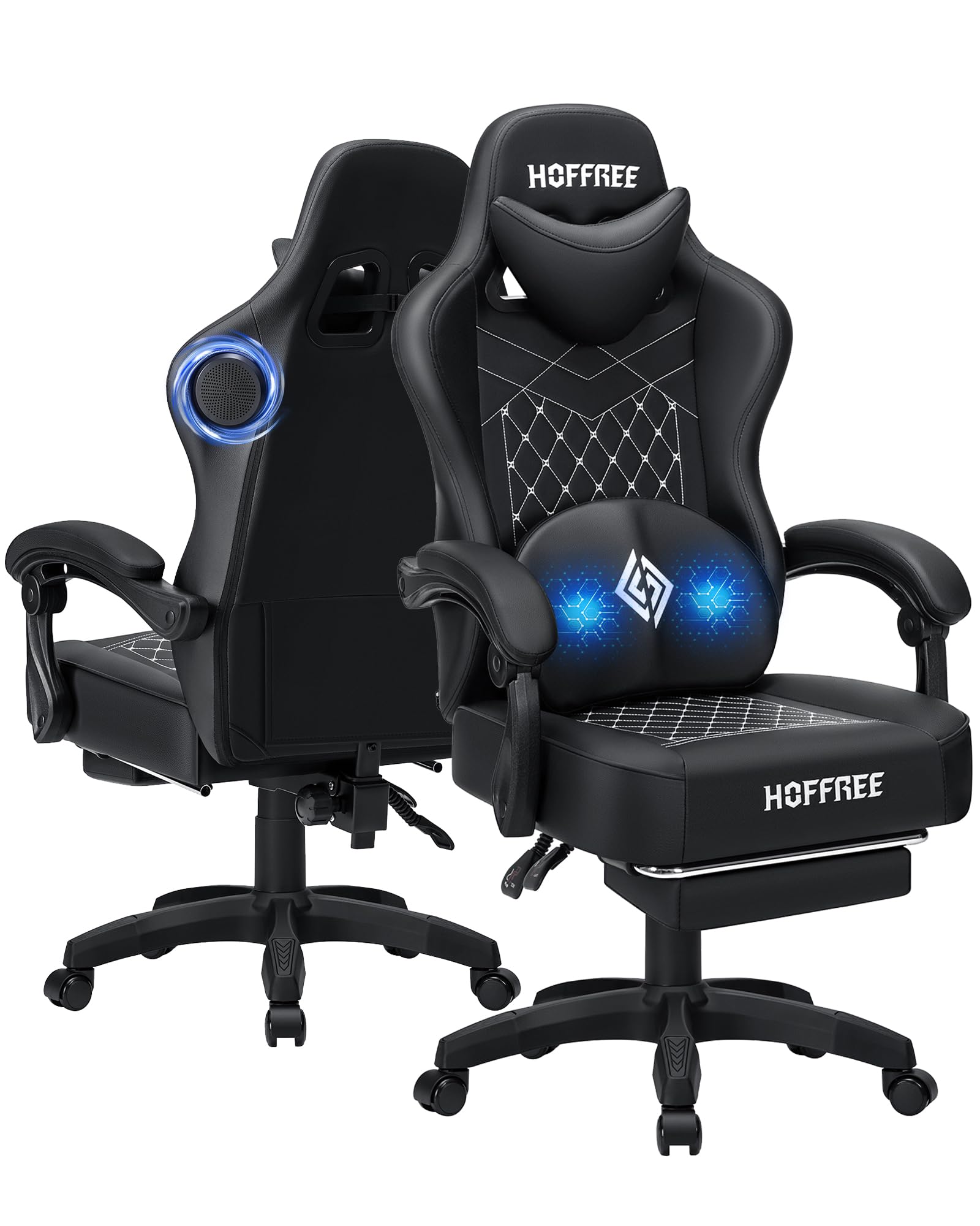 HOFFREE Gaming Chair with Speakers Massage Computer Gaming Chairs for Adults Reclining Bluetooth Game Chairs with Pocket Spring