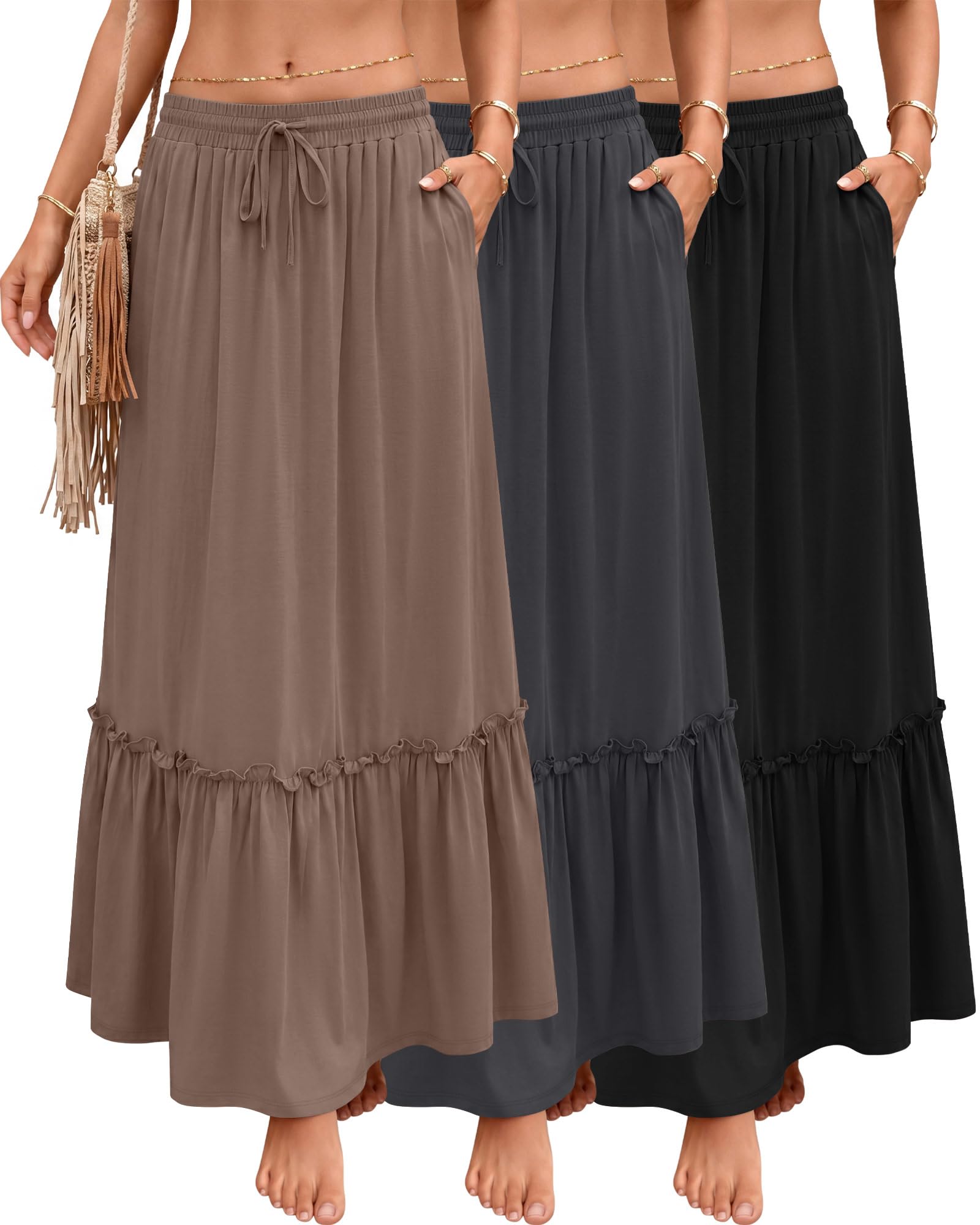 Ficerd 3 Pezzi Gonne Maxi Boho da Donna, Gonne Lunghe a Strati Fluide con Volant, Vita Alta con Coulisse Regolabile e Tasche