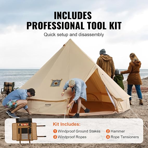 VEVOR Canvas Tent Bell, Yurt 4 Seasons for Camping with Stove Jack, Breathable Holds up to 4 People, Family Camping Outdoor Hunting Party
