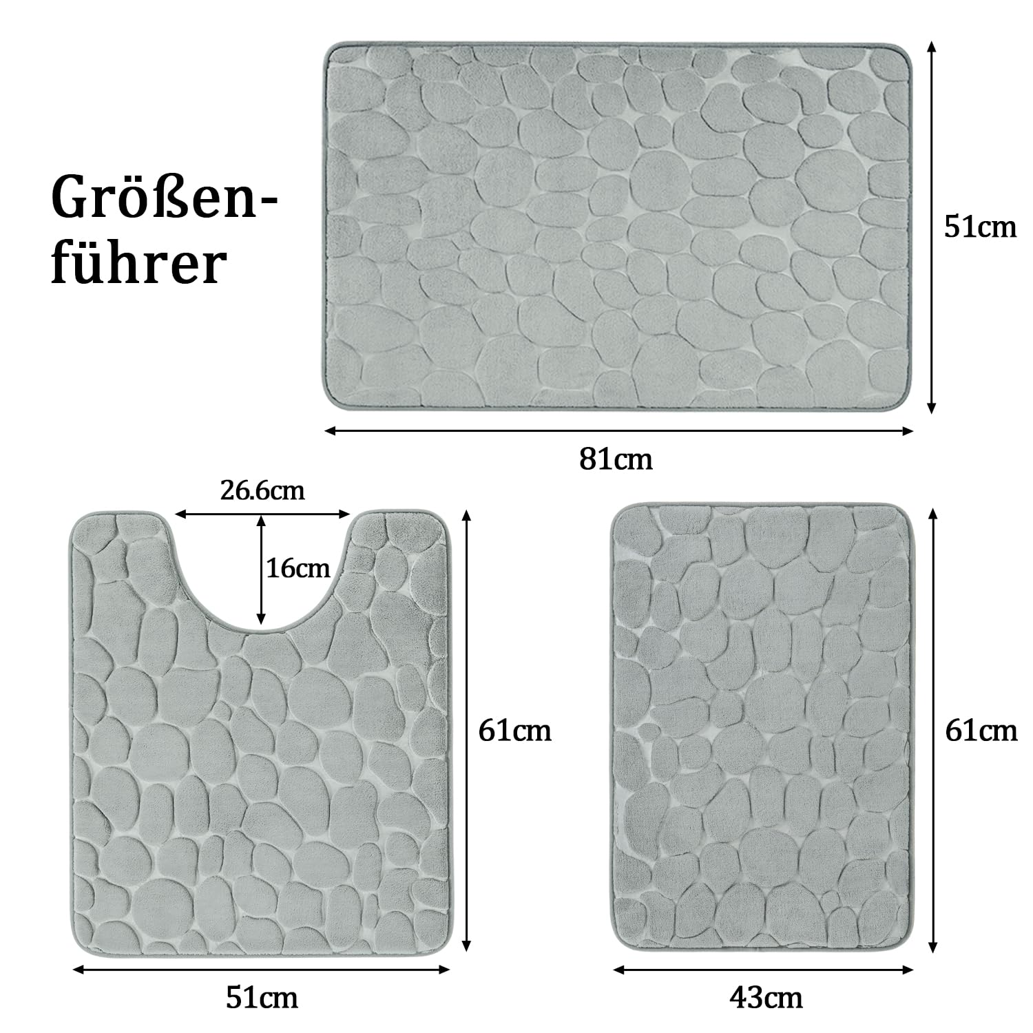 chakme Badezimmer Teppiche Sets 3 Stück, Cobblestone Memory Foam Badezimmer Matten Set dick, Anti-Rutsch-Badematten für Bad,absorbierend waschbar hellgrau Badteppiche für Wanne, WC und Boden