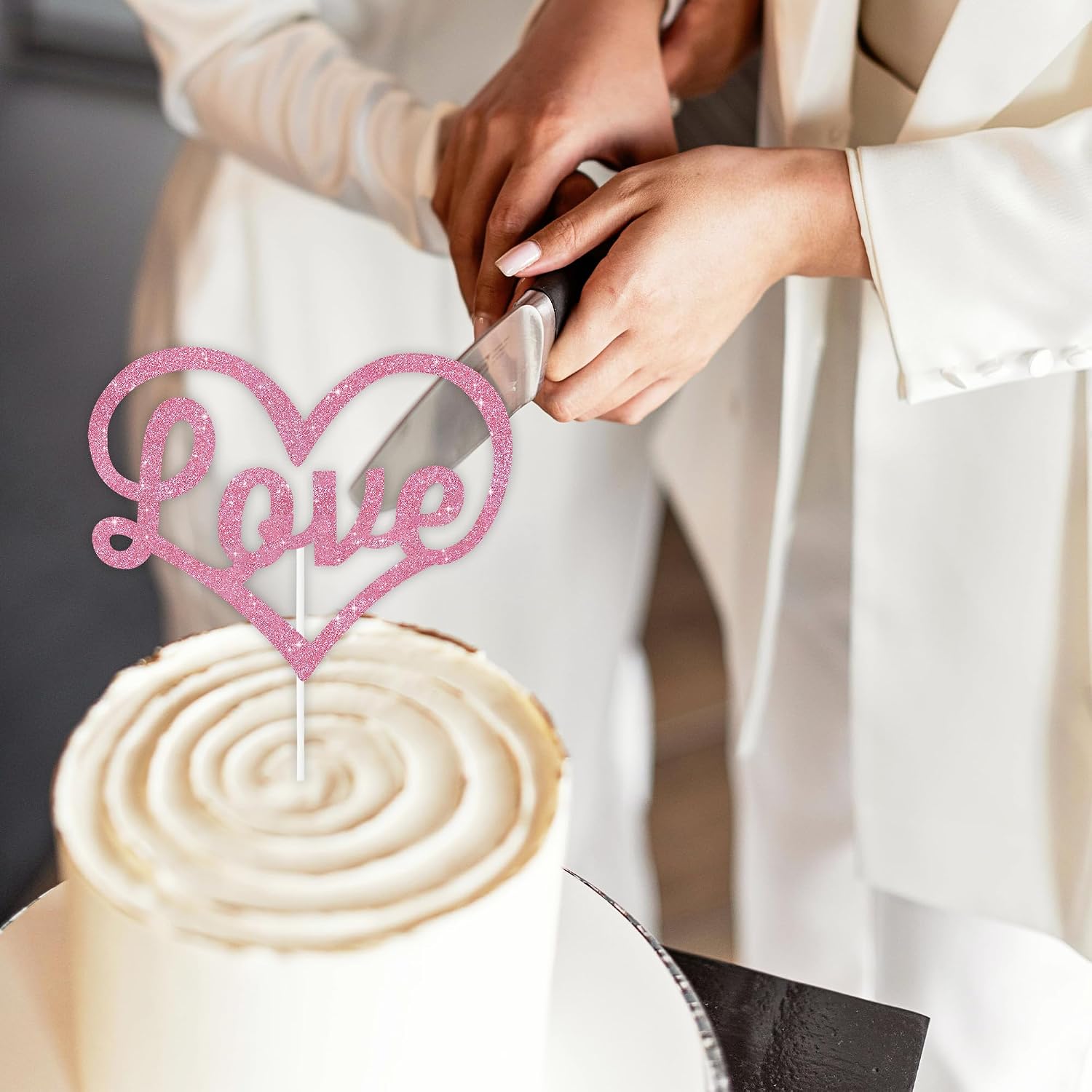 BEISHIDA Love Cake Toppers Wedding Cake Decoration Pink Glitter Cake Toppers Elegent Cake Decoration For Wedding Engagement Anniversary Valentine's Day Party Supplies