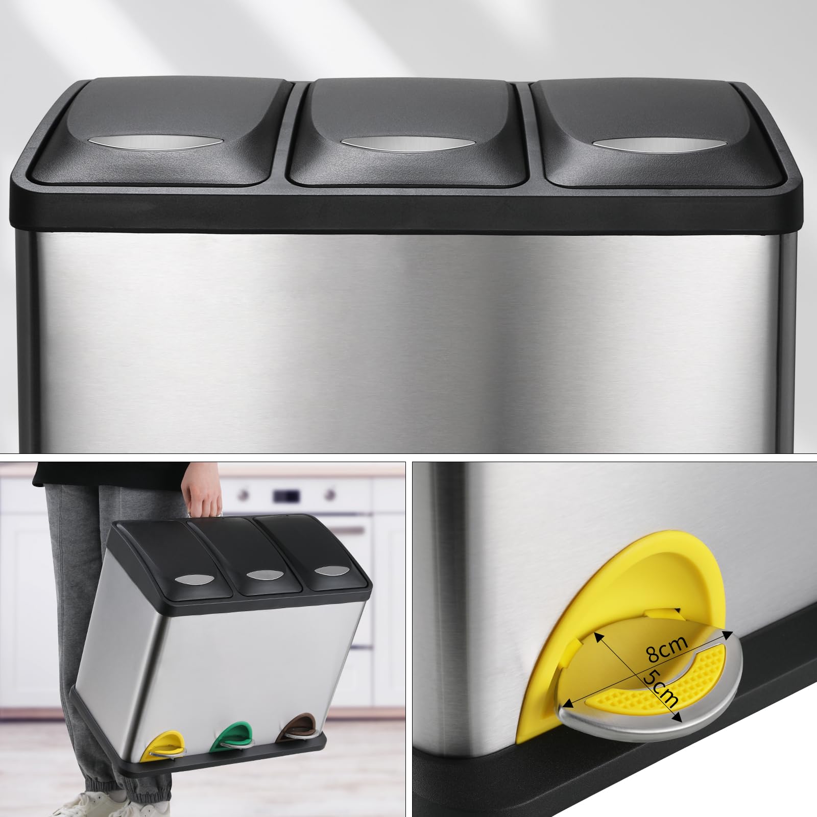LIFERUN Pattumiera a 3 scomparti, 3 x 8 l, sistema di raccolta differenziata della spazzatura da 24 litri, piccola pattumiera a pedale in acciaio inox con coperchio, 3 secchi interni rimovibili