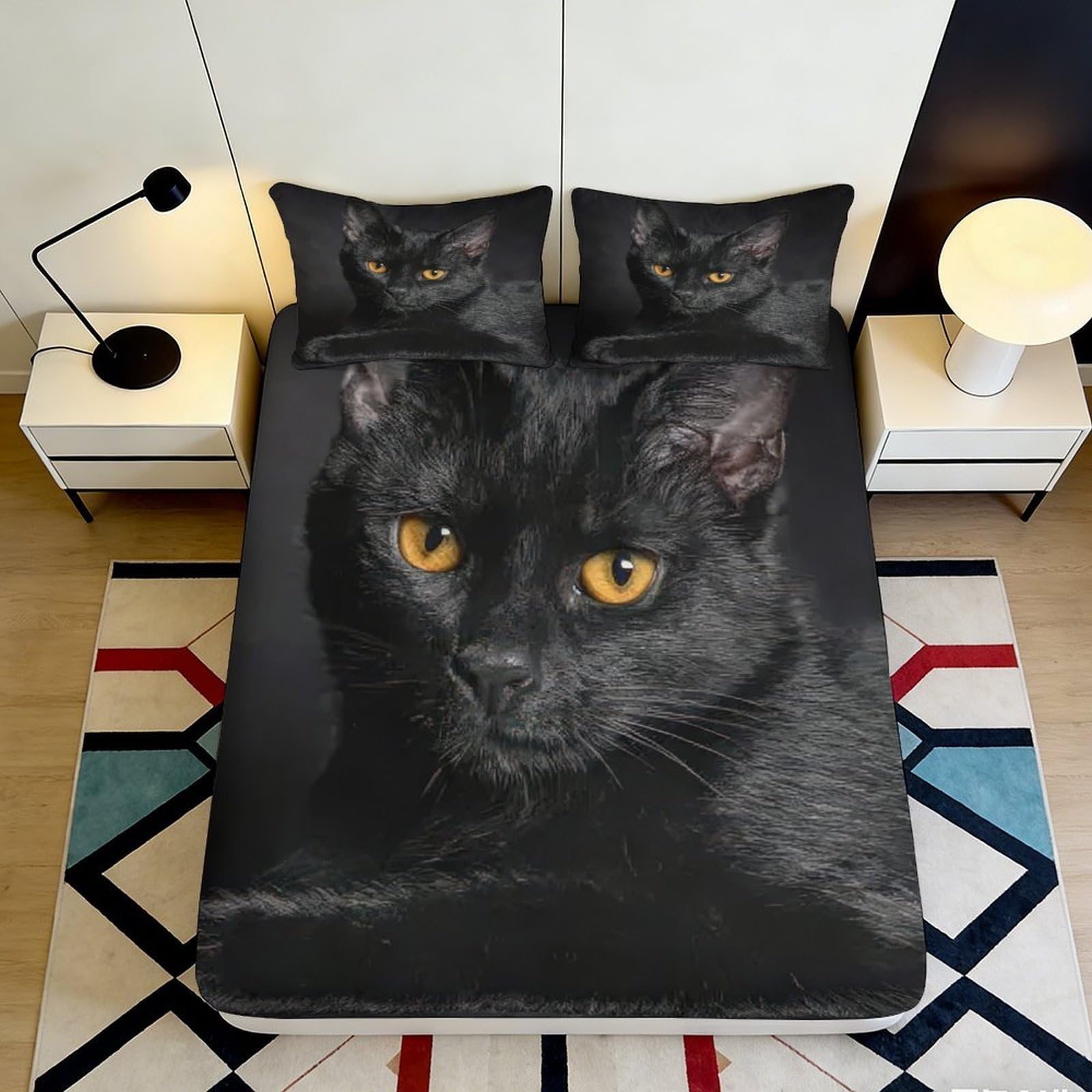 3D Printed Black Cat Fitted Sheet Microfiber Soft Breathable Yellow Eyes Bed Cover for Bedroom Dormitory Guest Room Mattress Protection Decor 180x200x25cm