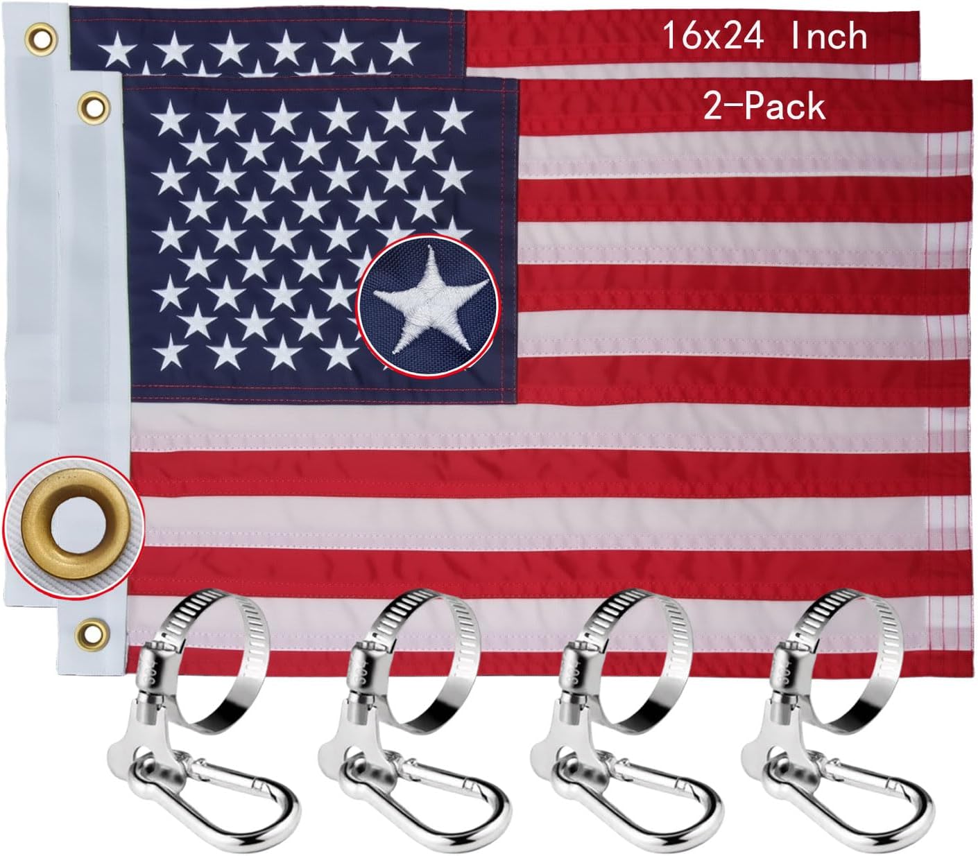 2 Pack 16x24 Inch American Flags for Boat – Heavy Duty 210D Nylon Embroidered USA Flags with 4 Flag Pole Kits, Small Marine Flag for Outdoor, ATV, Golf Cart, Mailbox, Independence Day (2 Pcs 16x24 Inch)