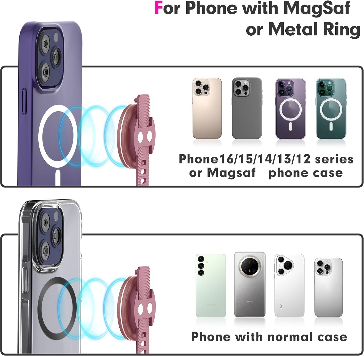 Magnetic Phone Mount, Phone Holder for Bike, Compatible with Magsaf or Normal Case- Sturdy Phone Grip for Gym Exercise, Workout Equipment, Stroller, Cart Handlebar (Pink)