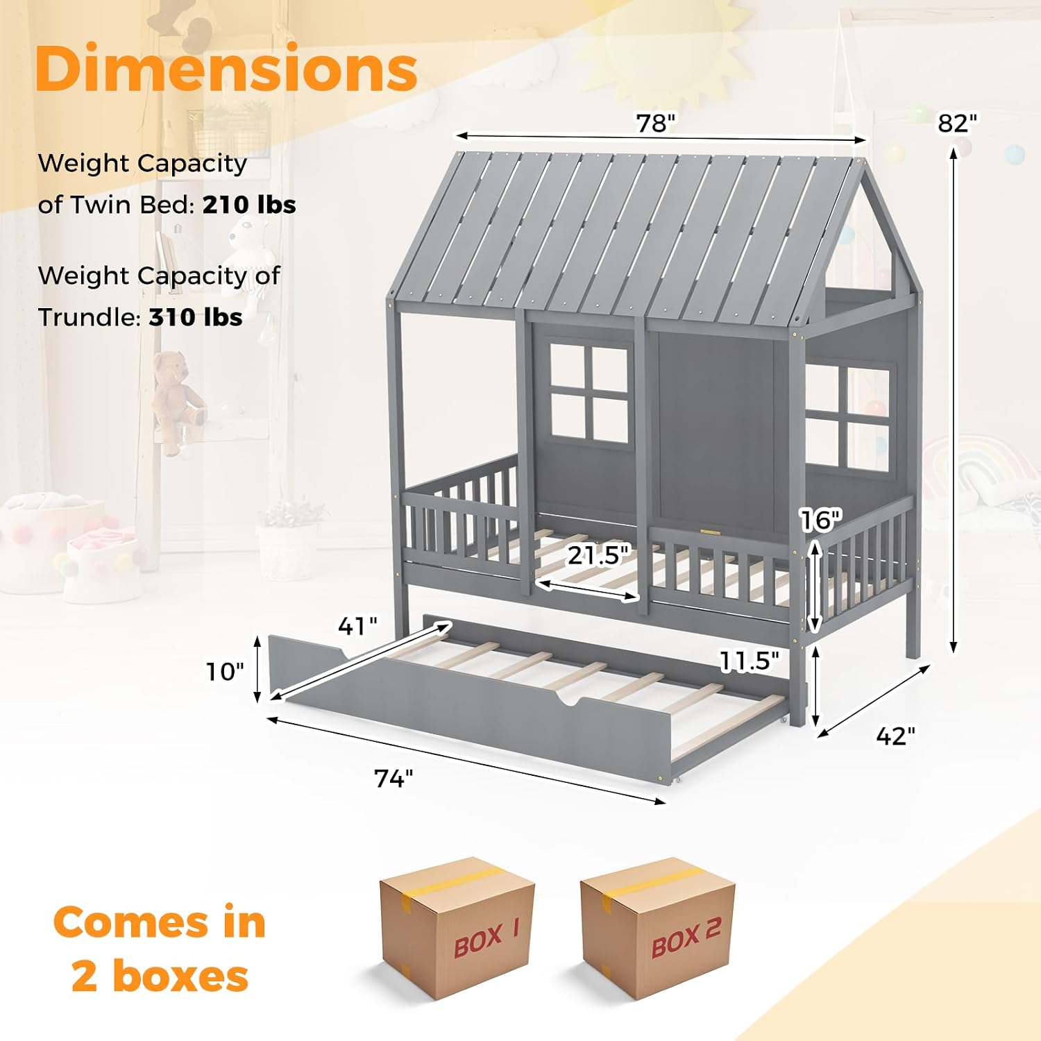 KOMFOTT Twin Size House Bed with Trundle, Wood Kid’s House Bed Frame with Roof, Windows, Fence Rails, Playhouse Bed Frame with Sturdy Bed Slats for Boys & Girls, No Box Spring Needed (Grey, Twin)