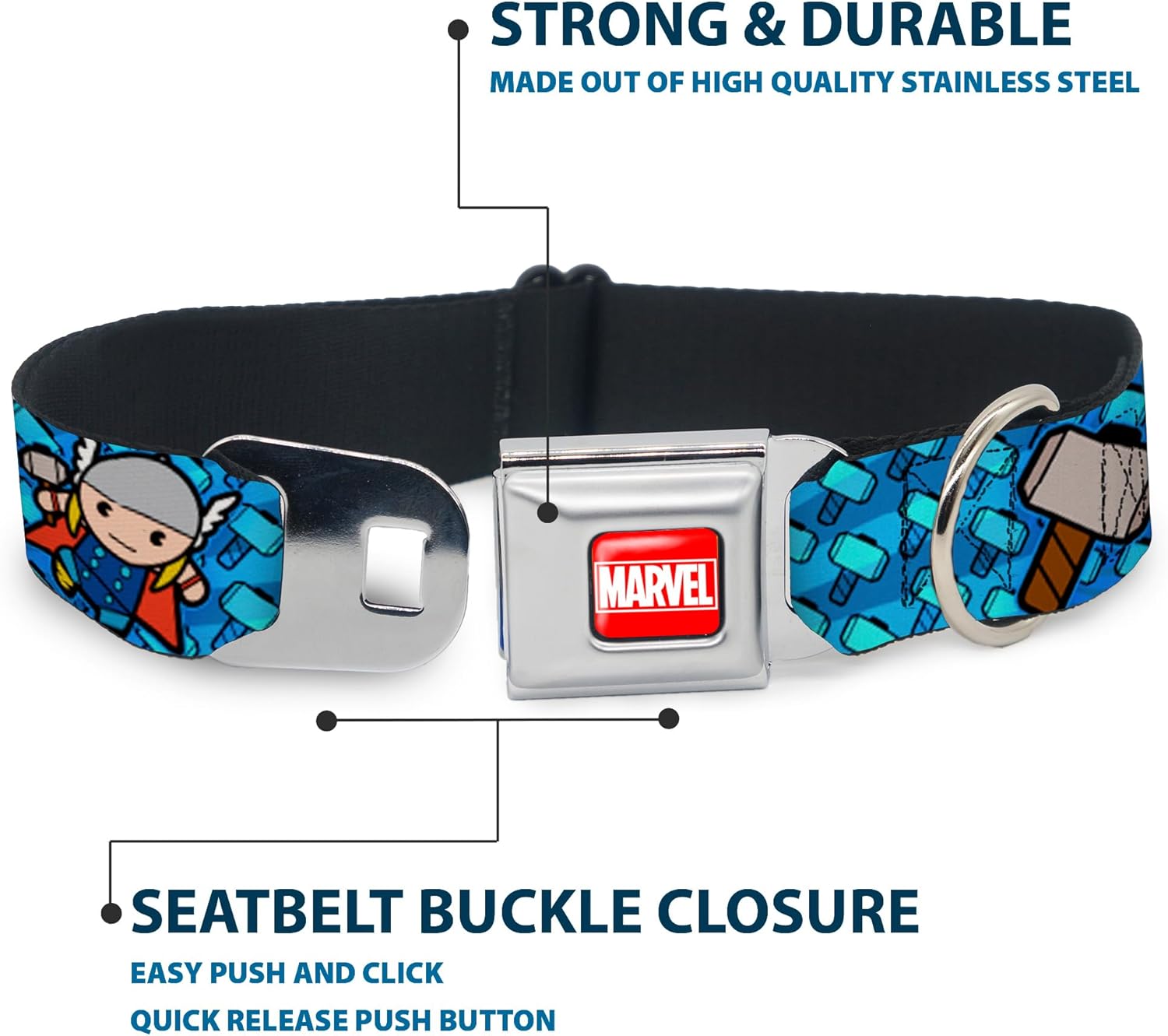 Dog Collar Seatbelt Buckle Kawaii Thor Poses Hammer Monogram Blues 11 to 17 Inches 1.0 Inch Wide