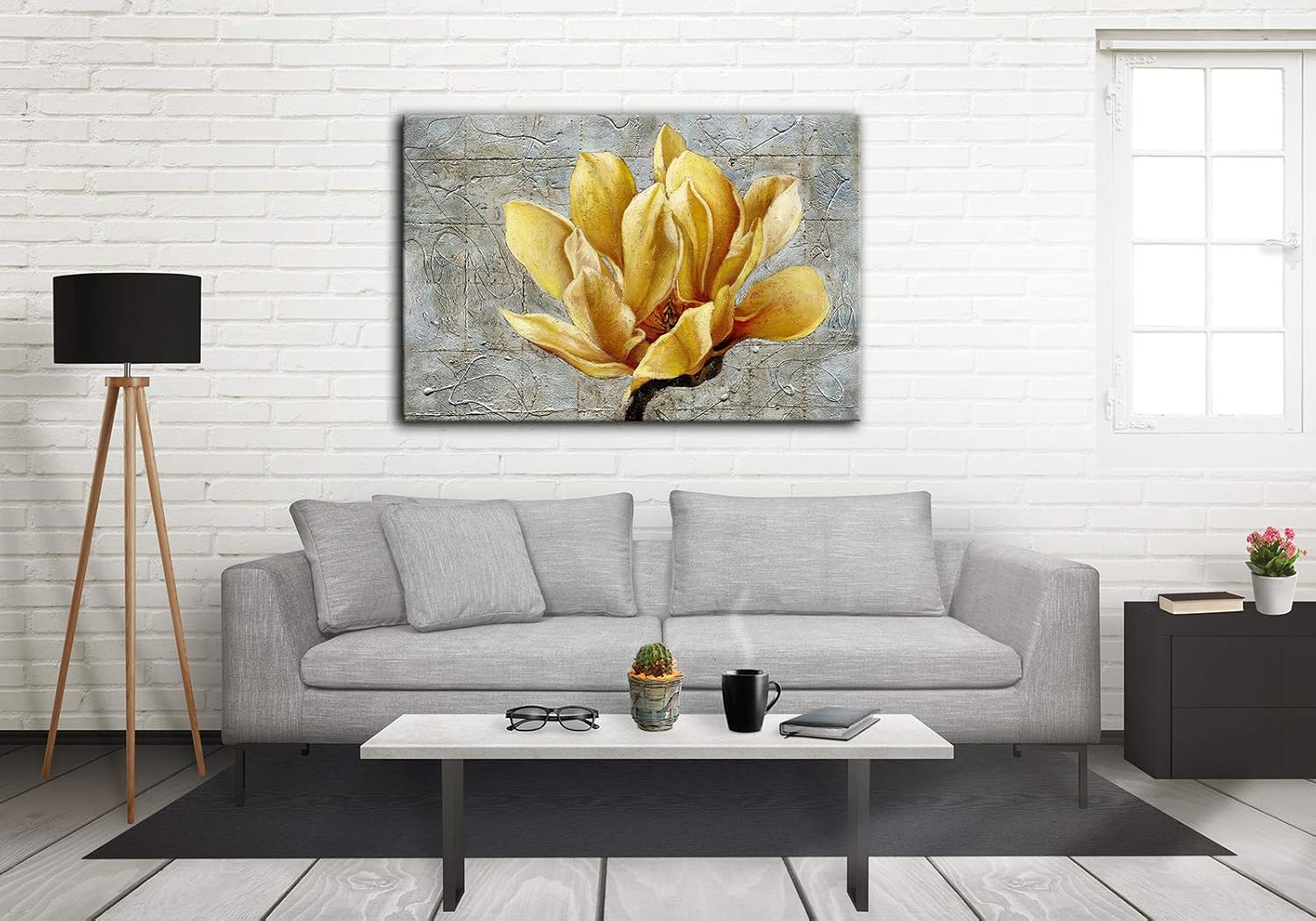 Urttiiyy Yellow Grey Flower Wall Art Abstract Gray Background Print on Canvas Home Decor Decal Pictures Poster for Bedroom Living Room Printed Painting Gifts Framed Ready to Hang - 36''x24''
