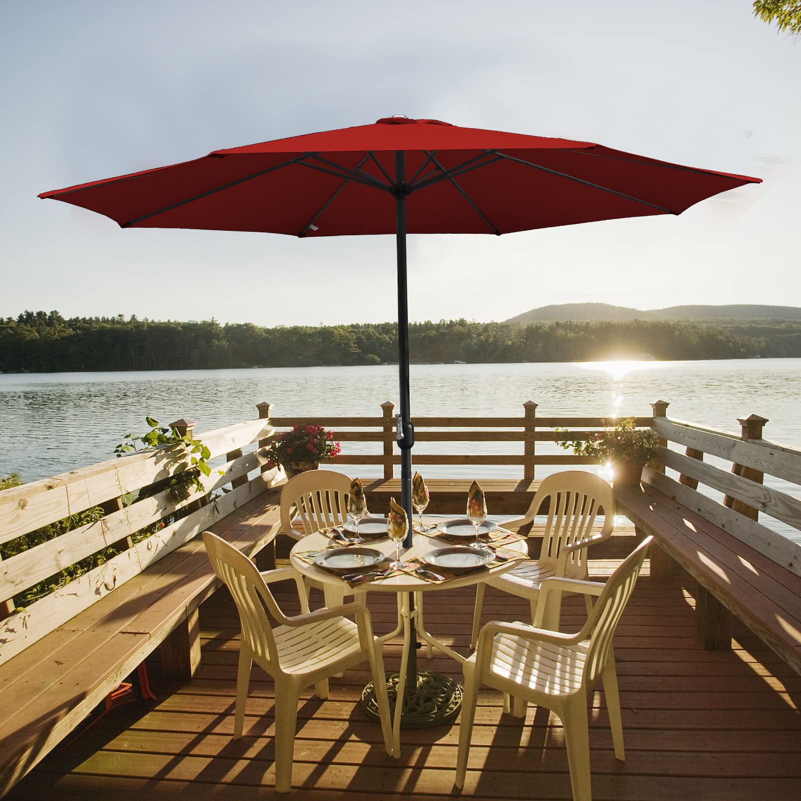 szary parasol przeciwsłoneczny z oświetleniem LED, korbą, parasol ogrodowy, ochrona przed słońcem i promieniowaniem UV 50+, aluminium, wodoszczelny, Ø 270/350 cm, czerwony