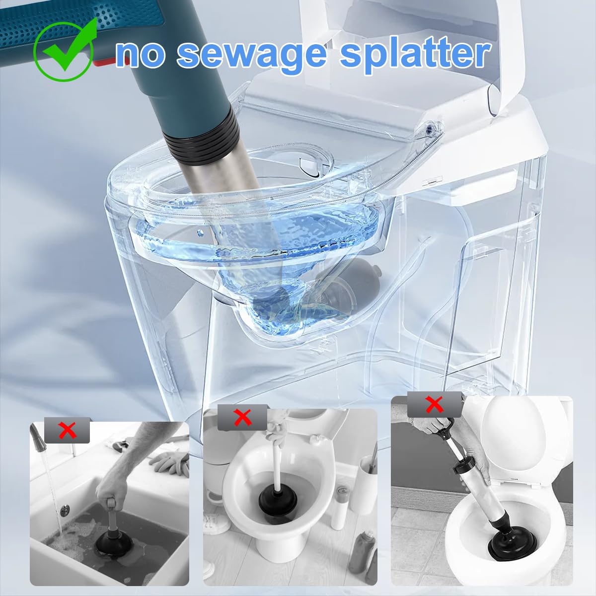 Pistola elettrica ad alta pressione per scarico dell'aria con barometro visivo, stantuffo ad aria per bagno, cucina, vasca da bagno, WC, rimozione intasamenti, colore blu