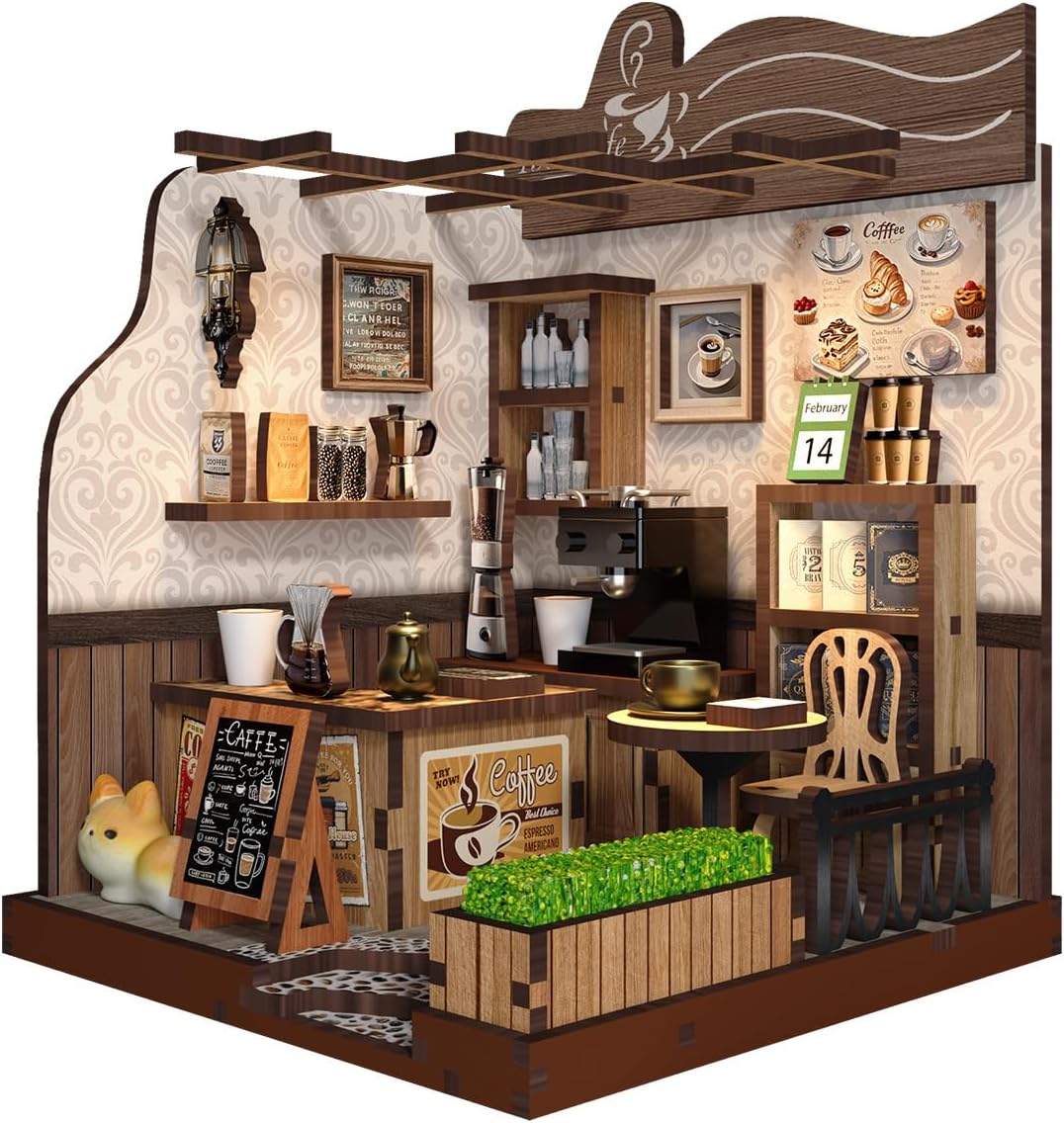 DIY Miniature House Kit for Beginners, Tiny Dollhouse Book Nook Kit Bookshelf Decor, 3D Wooden Puzzle, Gifts for Family Friends Adults Teens, Rustic Farmhouse Café