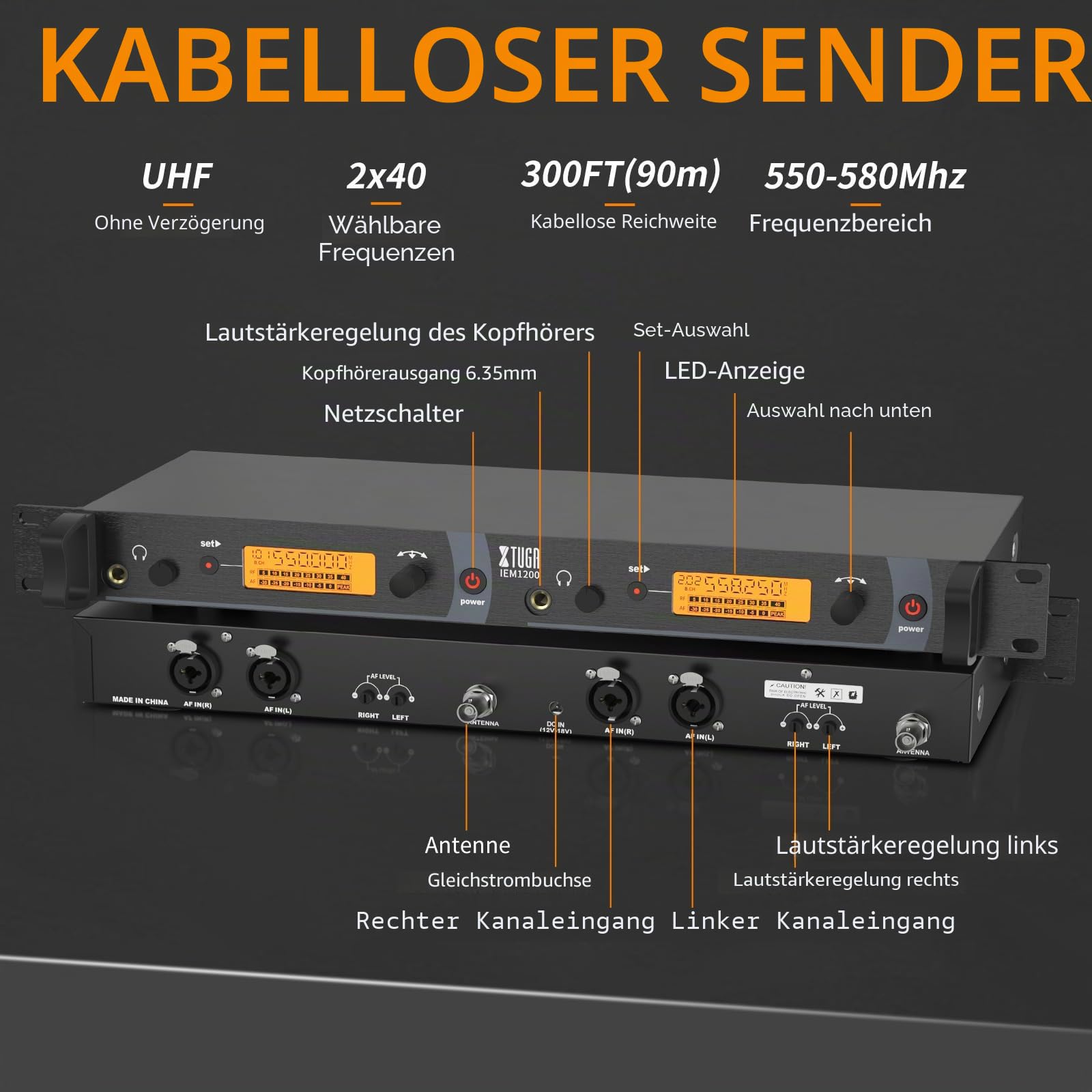 XTUGA Kabellose in-Ear-Rückgabesysteme mit Kopfhörertyp für Bühne und Gitarre, 4 Empfänger mit 2 Kanälen IEM 1200 in Ear Monitor System