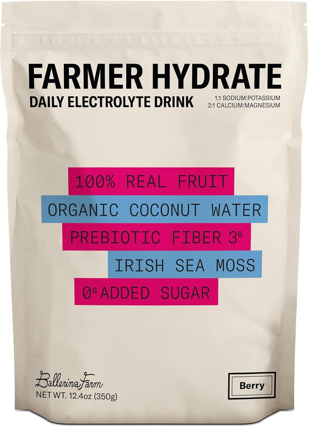 Ballerina Farm Farmer Hydrate, Daily Electrolytes Powder, Hydration Drink Mix with Organic Coconut Water, Irish Sea Moss, Sea Salt, Prebiotic Fiber, No Added Sugar, 25 Servings (Mixed Berry)