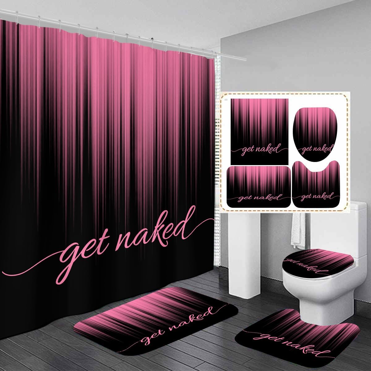 AAtter 4 Piece Pink and Black Shower Curtain Set Get Naked Ombre Girls Women 60Wx72L Curtains Decor with Non-Slip Rugs, Toilet Lid Cover and Bath Mat Bathroom Accessorie Home Bathtub Set, Gradient