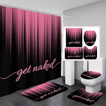 AAtter 4 Piece Pink and Black Shower Curtain Set Get Naked Ombre Girls Women 60Wx72L Curtains Decor with Non-Slip Rugs, Toilet Lid Cover and Bath Mat Bathroom Accessorie Home Bathtub Set, Gradient