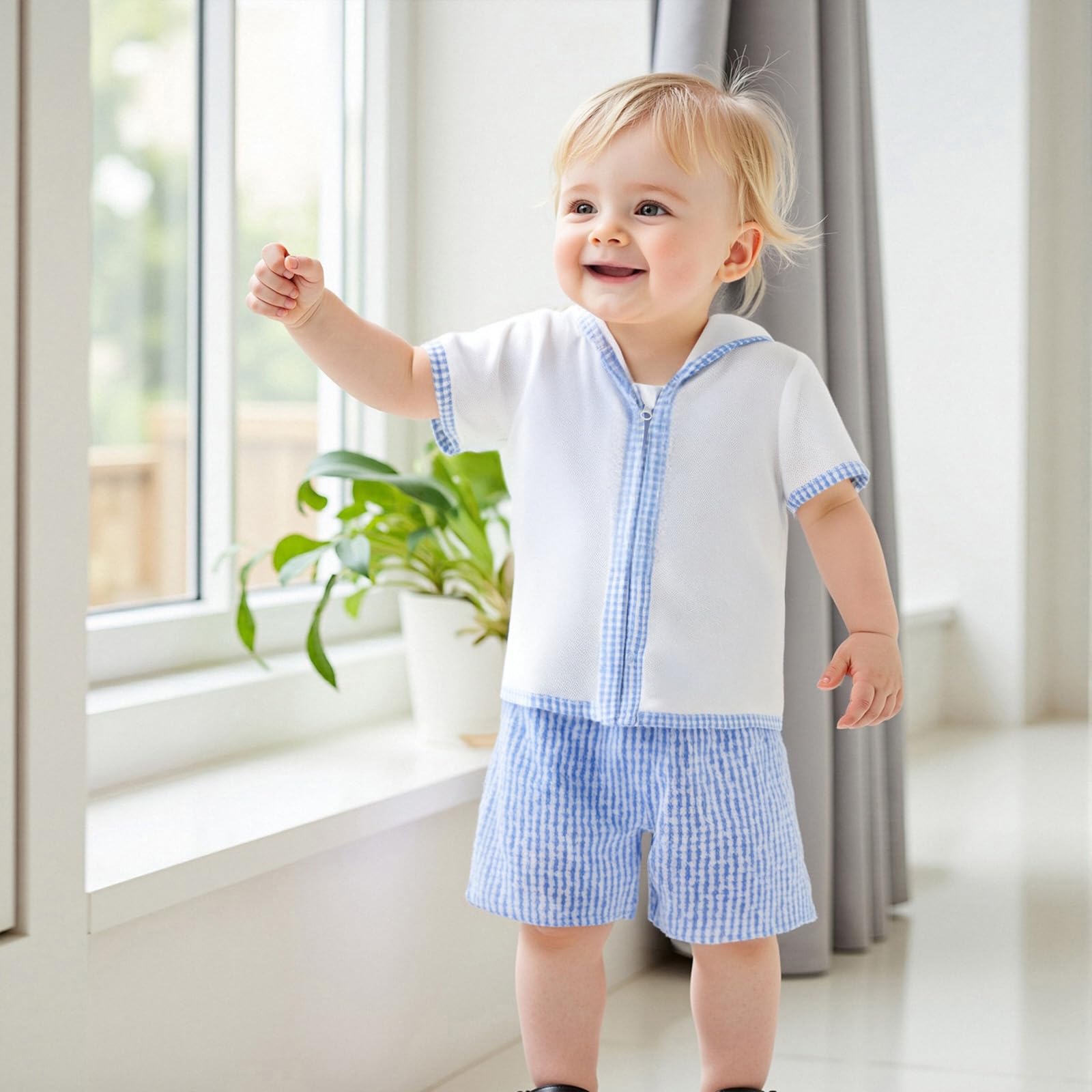 KtwHarnu Toddler Baby Boy Girl Swimsuit Cover Up Towel Hooded Zip Swim Tops Striped/Plaid Seersucker Shorts Set Beach Coverup (Sky Blue, 12-18 Months)