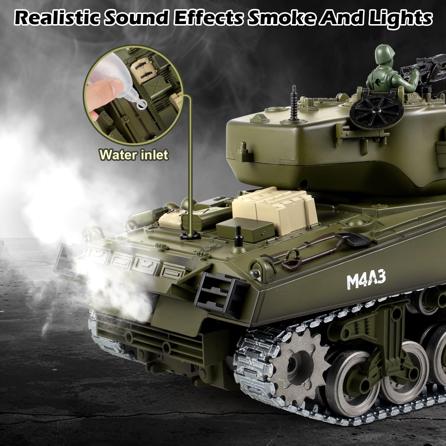1:18 RC Tank for Adult and Kid, 2.4G US M4A3 Sherman Alloy Metal Tracks Model Toys, RC Vehicle Tank That Shoots BBS with Smoke, Lights, Sound, Military Army Toys with 2 Rechargeable Battery