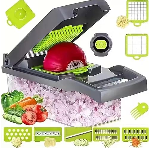 Miniatura 6 de Veggie slicer 16 pieces (Gray, 1) 16 pieces hand operated vegetable slicer, veggie chopper, food chopper, onion cutter.