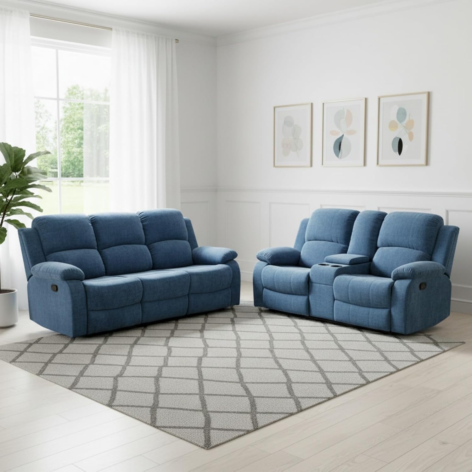 Manual Recliner Sofa Set, Fluffy Fabric Reclining Living Room Furniture Set, Adjustable Backrest Reclining Loveseat Sofa and a 3 Seater Couch Furniture Set for Living Room, Light Blue