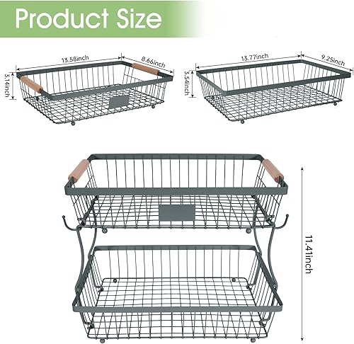 Miniatura 9 de Cesta de frutas de 2 niveles desmontable con 2 ganchos para plátanos, soporte de frutas para encimera de cocina, organizador de almacenamiento de