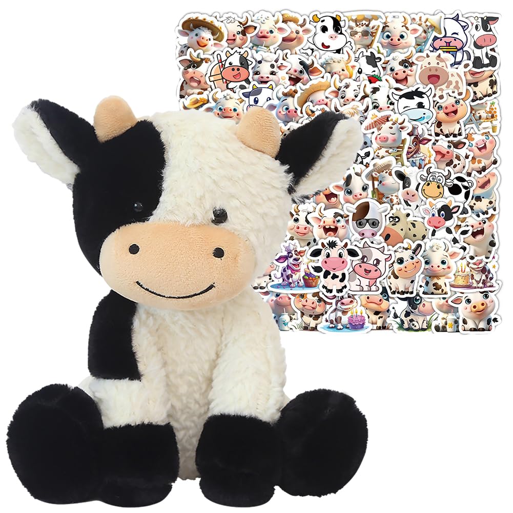 APPCRFM Cow Plush Toy, Cute Cow Stickers, Stuffed Animal Throw Plushie Pillow Doll, Soft Fluffy Hugging Cushion, Farm Animal Stickers, 22cm