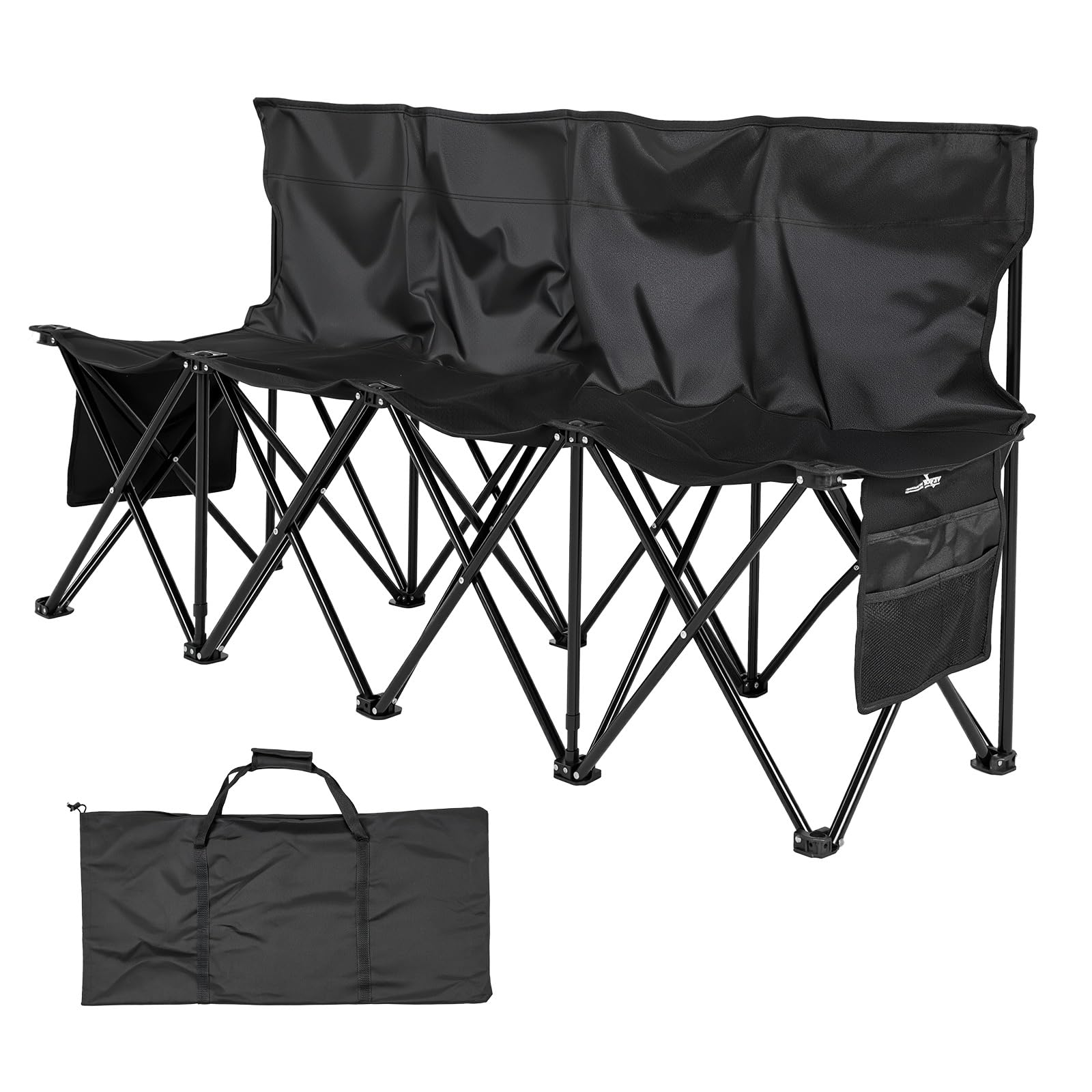VEVOR Banc Pliant Portable à 4 Places, Banc de Camping Pliable avec Poches de Rangement et Sac de Transport, siège latéral léger avec Dossier pour Football, Baseball et événements en Plein air, Noir