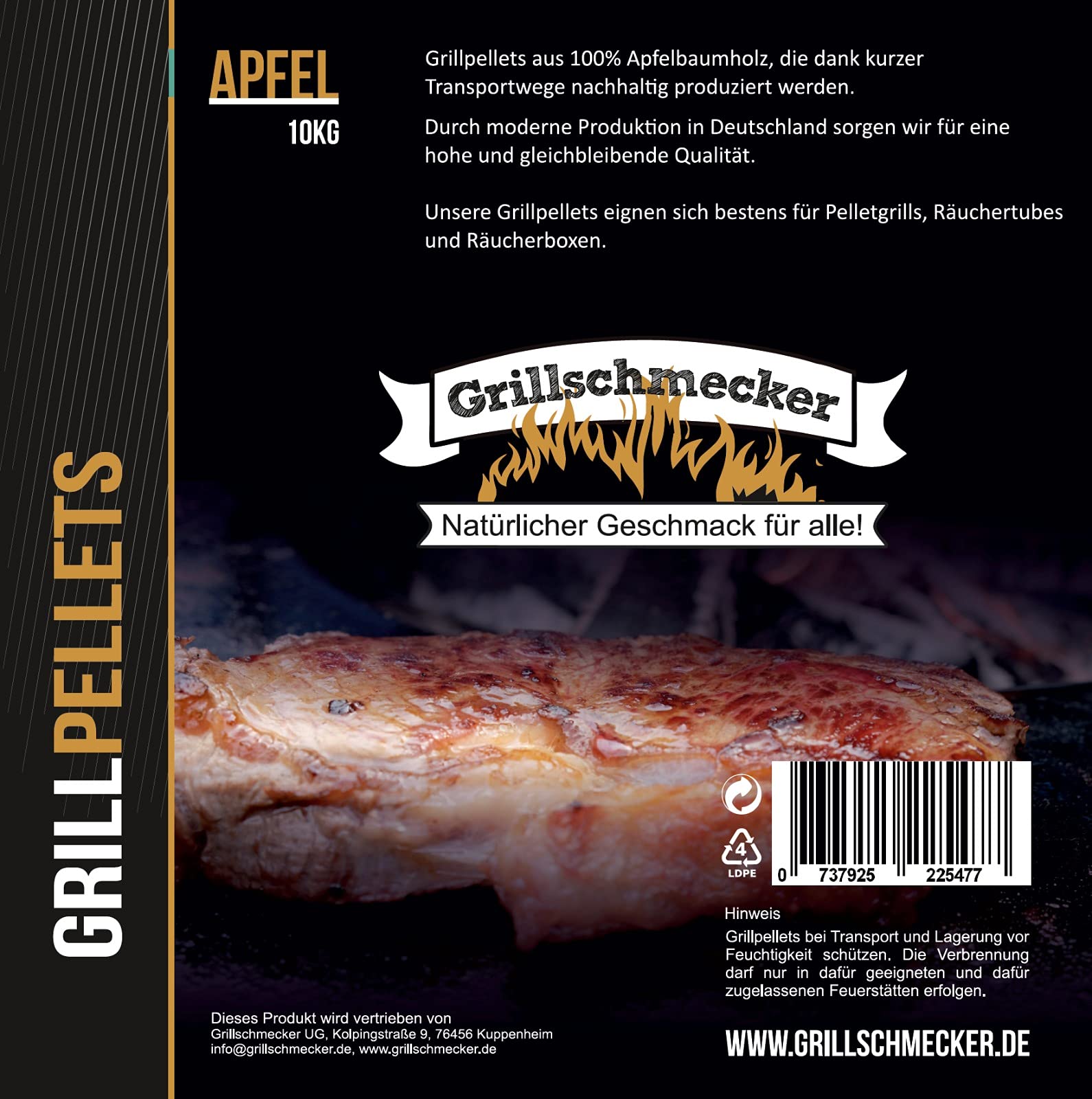 Grillpellets Apfel 10 kg- Holzpellets aus 100% Apfelholz für Pelletsgrill, Räucherboxen und Smoker, 10 kg Sack