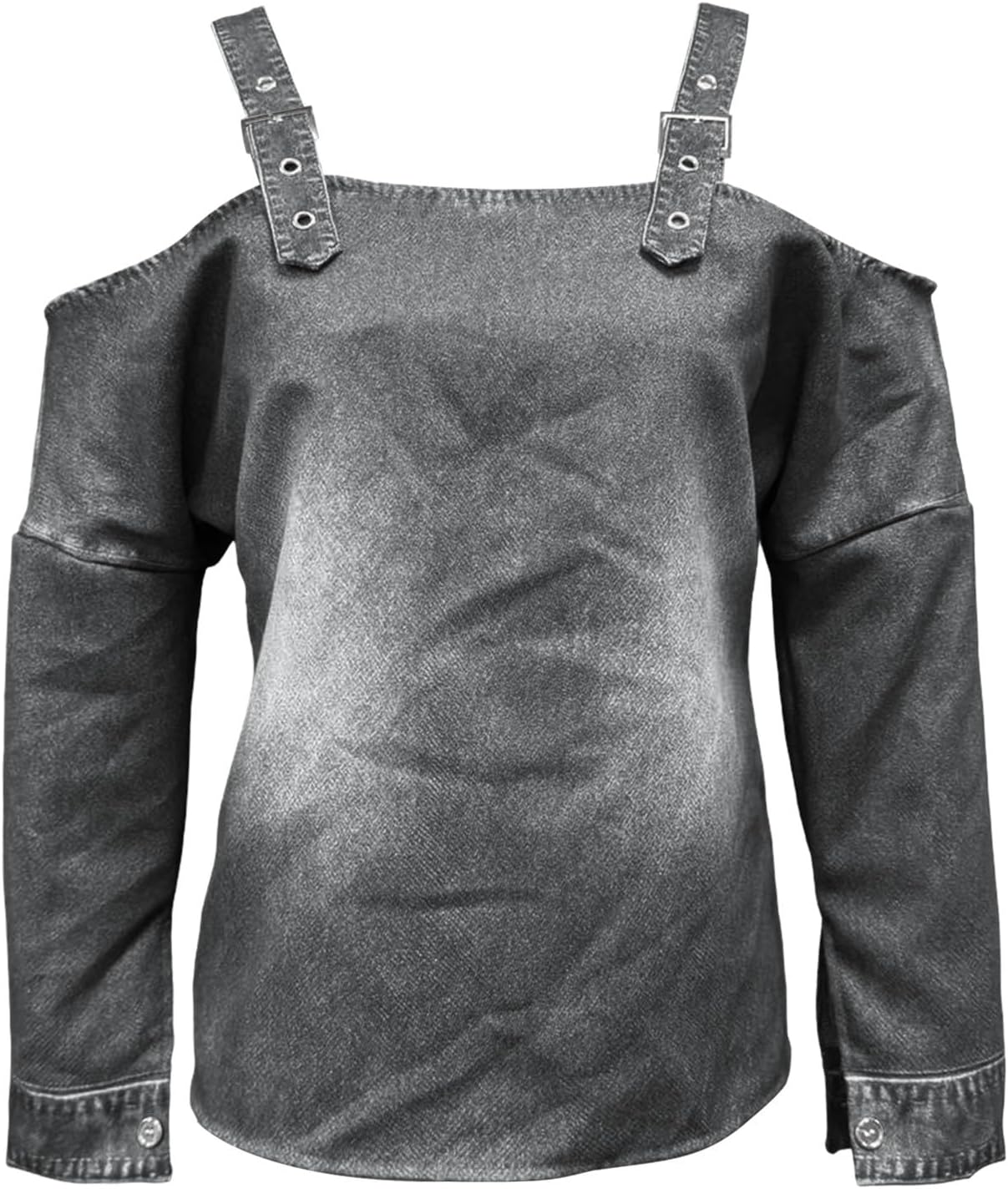 Womens Cold Shoulder Tops Long Sleeve Buckle Strap Blouses | Edgy Off The Shoulder Shirts, Unique Suspender Details, Faux Denim Tunics, Casual Slouchy Fit Tops, Fall Streetwear
