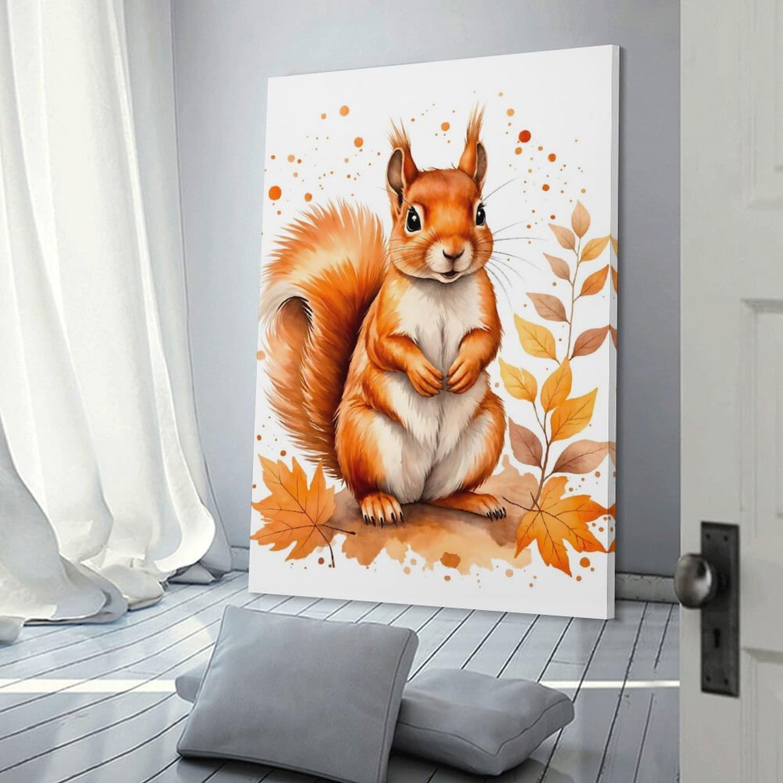 Junmoney Cute Squirrel Watercolor Canvas Art Print 12x18inch(30x45cm), for New Homes, Bedrooms Or Workspaces, Gift Idea for Housewarming And Birthdays
