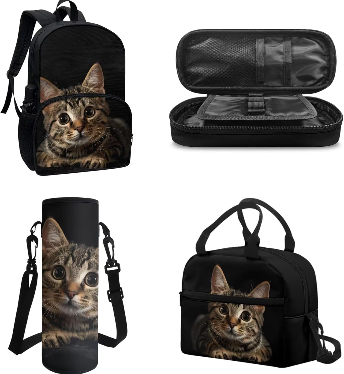 POLERO Cute Cat Backpacks for Cat Lovers Toddler Kindergarten School Bookbag Set 3D Print School Bags with Lunch Box for Girls Boys